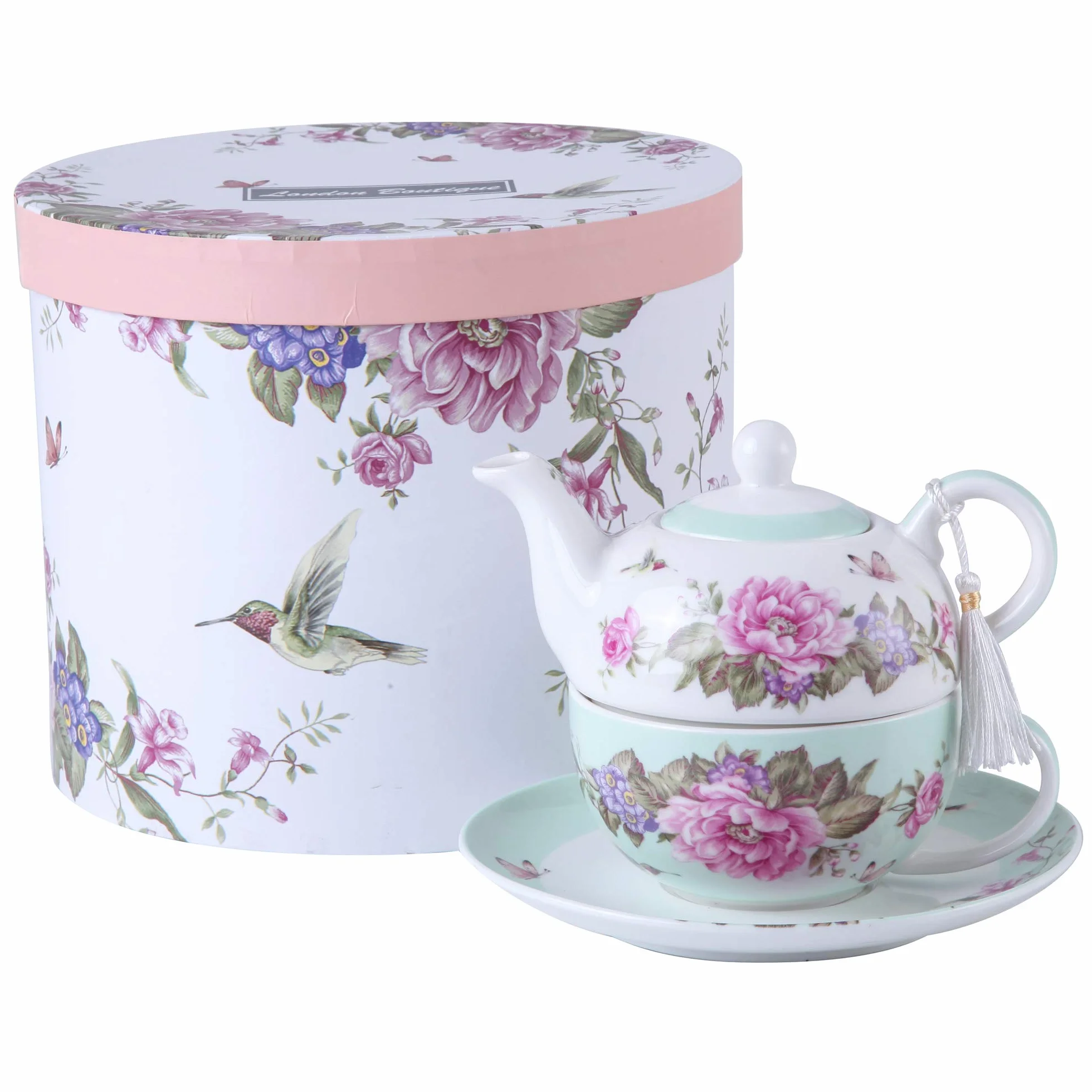Tea for One - Juego de Tetera, diseño de Flores y Mariposas, Color Verde Azulado