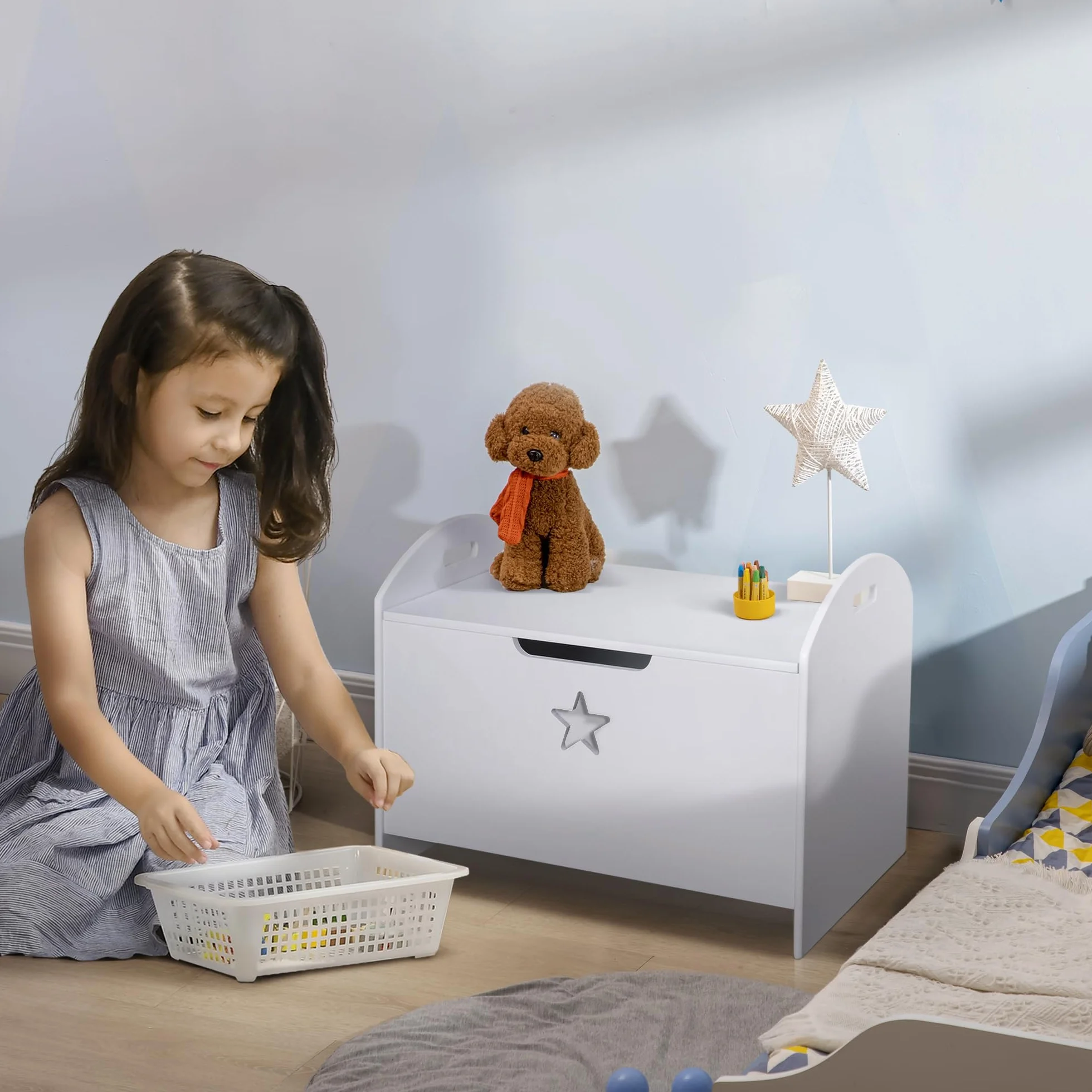 HOMCOM Baúl de Almacenaje Organizador de Juguete de Niño Tapa Reversible Diseño con Seguridad 62x40x46,5 cm Amplio Espacio Carga 20 kg Blanco