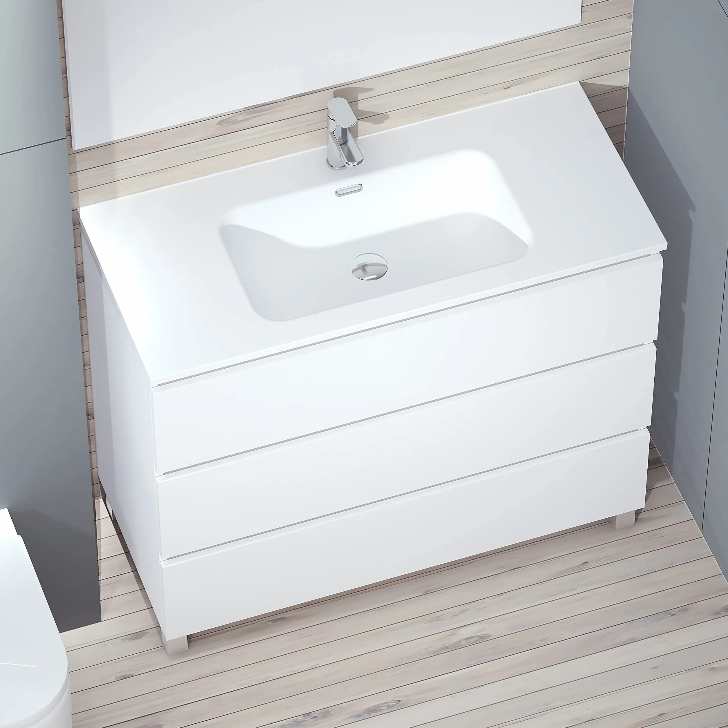 BAIKAL Conjunto de Mueble de Baño LESI. Compuesto por Mueble con Patas y Lavabo Cerámico. Tres Cajones. Melamina 16mm. Mueble MONTADO. Fondo 46cm 100 cm Blanco Mate