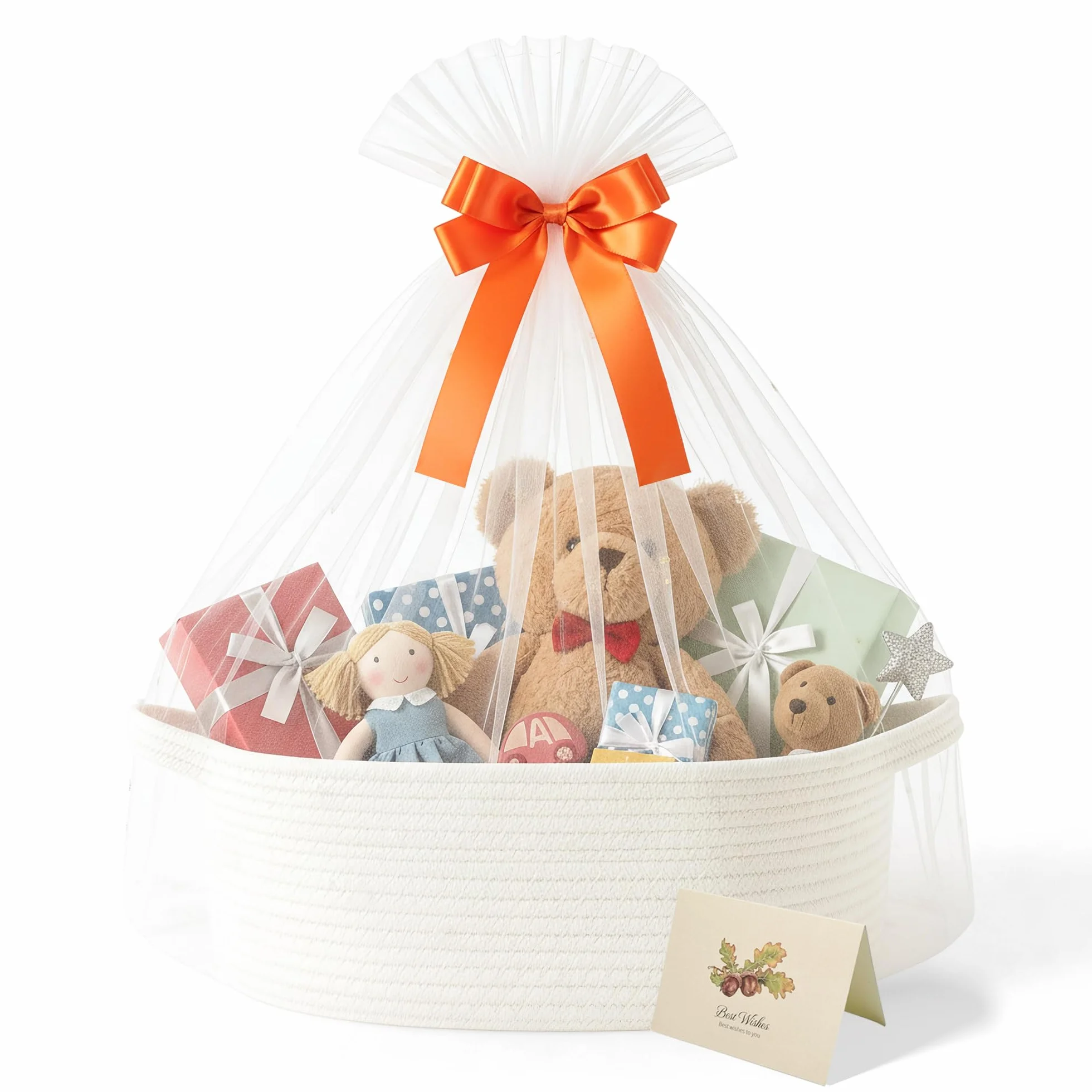 Cesta de regalo vacía blanca con tarjeta y lazo para baby shower, cumpleaños, bodas