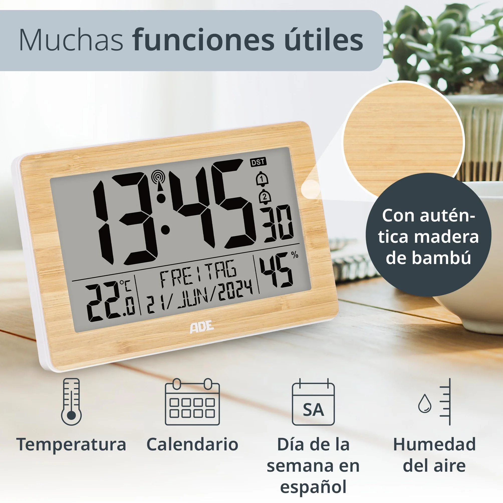 ADE Reloj Digital XL Radio-controlado con dígitos Muy Grandes | Reloj de Mesa con 2 Horas de Alarma e iluminación | termómetro higrómetro | Marco Delgado Hecho de bambú Real