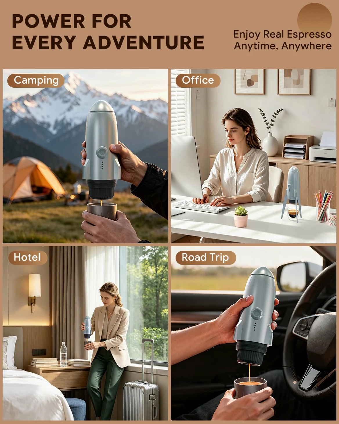 Cafetera eléctrica portátil de café espresso de viaje para camping, autocalentamiento 3 en 1 para café molido y cápsulas DG NS para viajes, camping y senderismo (gris espacial)