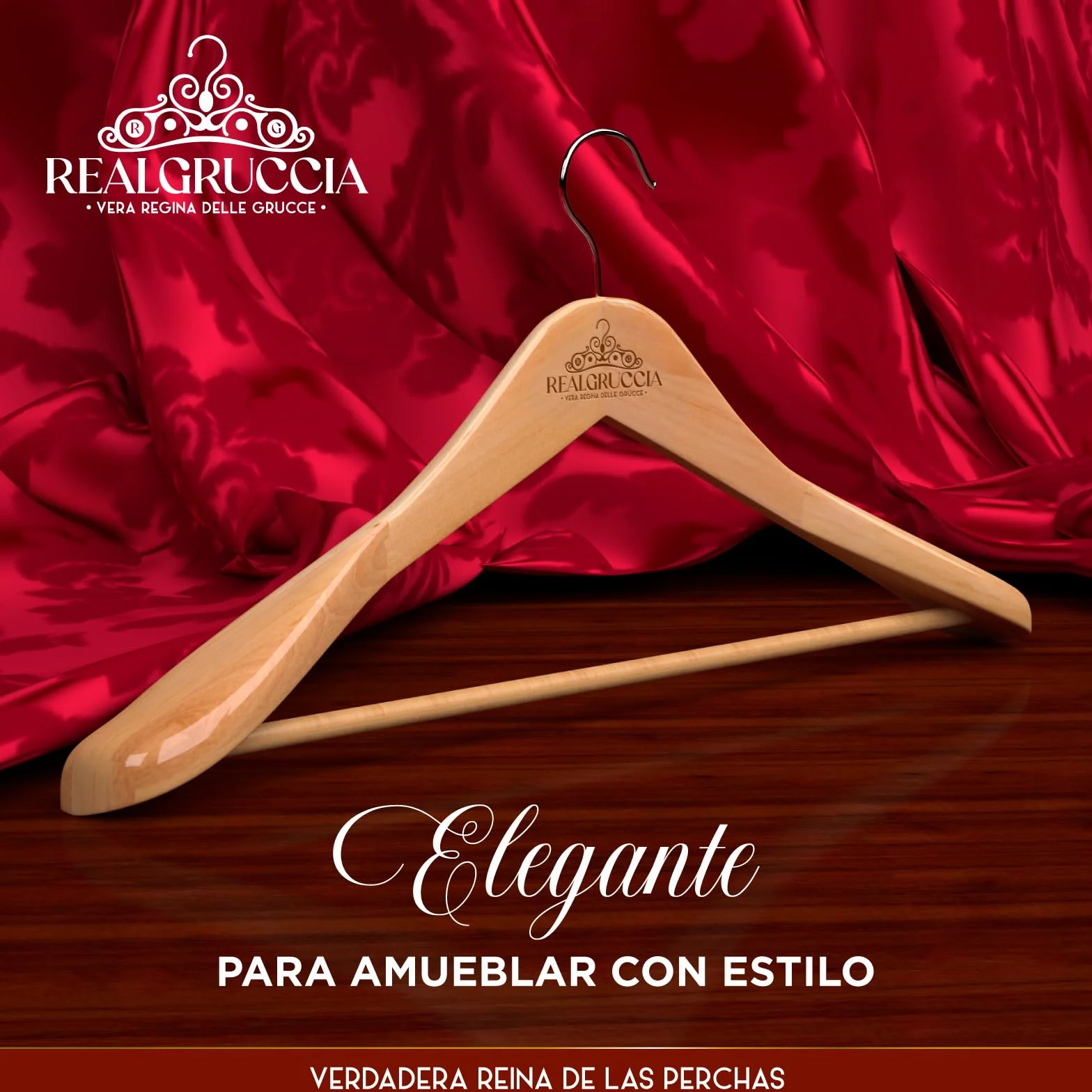 6 Perchas de Madera Natural con Hombros Anchos para Ropa Trajes Abrigos 24x45cm RealGruccia - Barra para Pantalones Gancho Giratorio 360° - Acabado Liso y Perfil Biselado