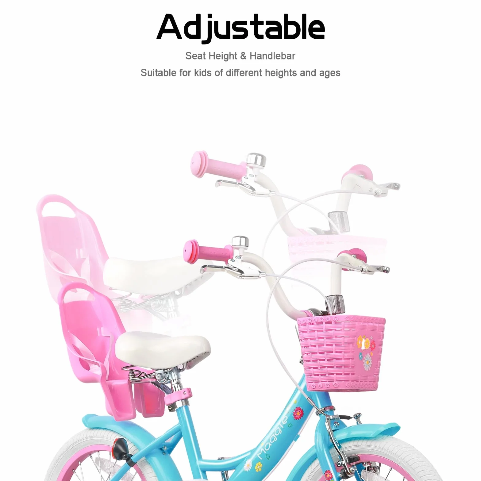 Bicicleta rosa con cesta para niños 12 14 16 pulgadas con campana y ruedas de entrenamiento