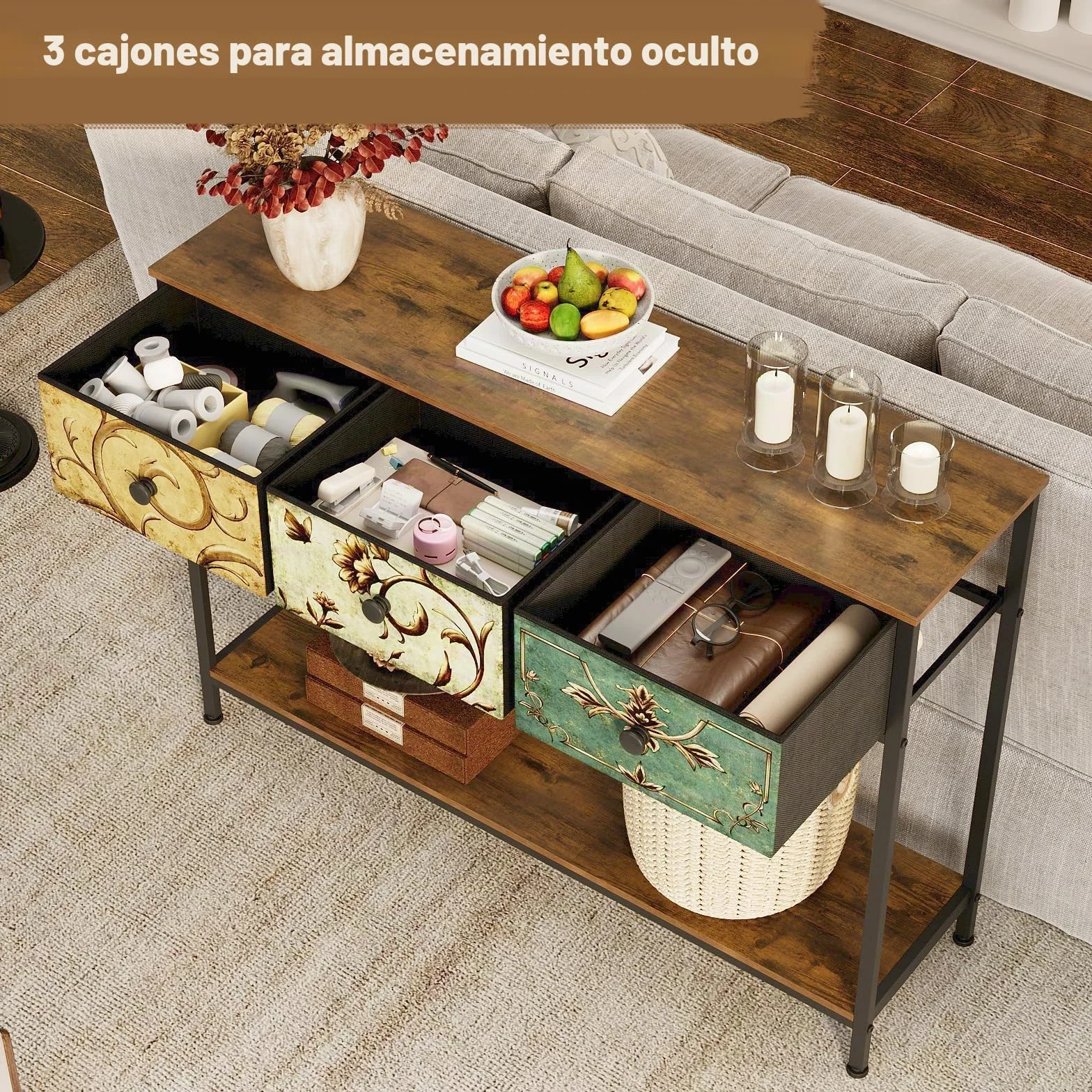 VEDECASA Mesa consola mesa auxiliar con 3 cajones de tela, mesa de pasillo con estantes de almacenamiento abiertos, mesa de entrada, mesa de sofá para pasillo, salón, dormitorio, madera, marco de