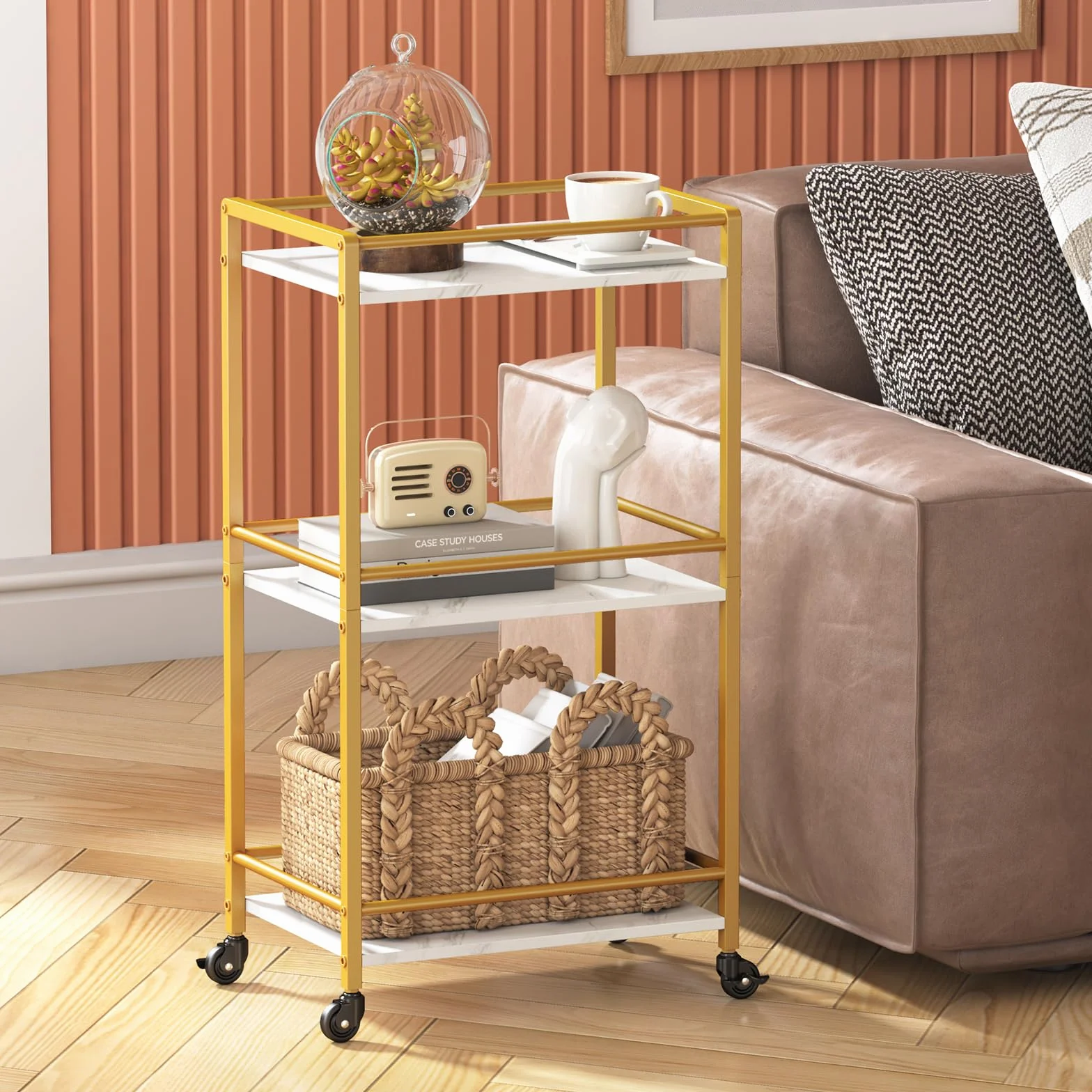 Lifewit Carrito de Cocina, Carrito Auxiliar de 3 Niveles, Carrito de Servicio de Té con Ruedas con Bloqueo para Cocina, Comedor o Sala de Estar, 43.2 x 30 x 81.5 cm, Dorado