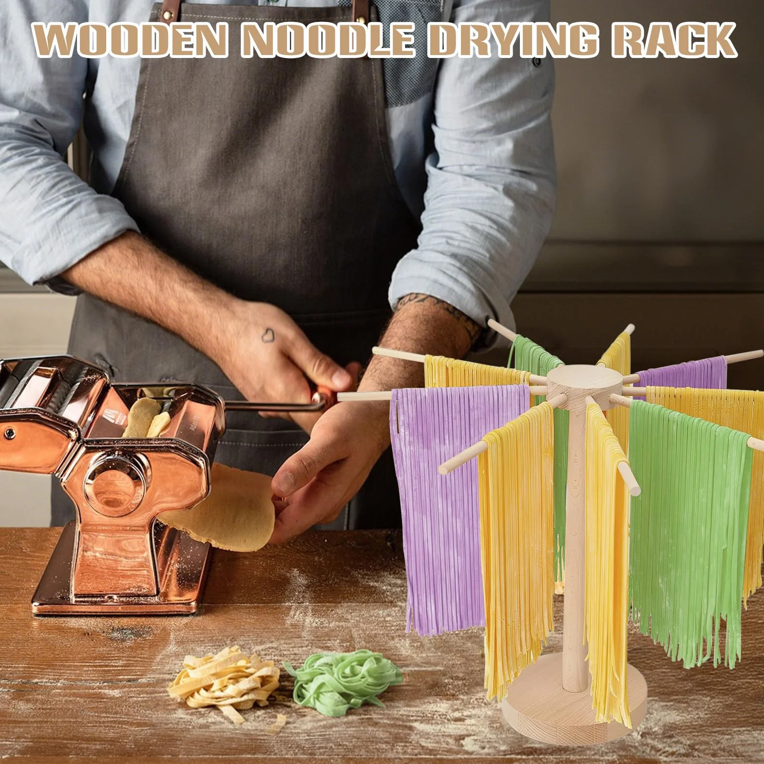 WMLBK Secador de pasta de madera, plegable, con 9 brazos desmontables, para secar pasta de 4,5 kg
