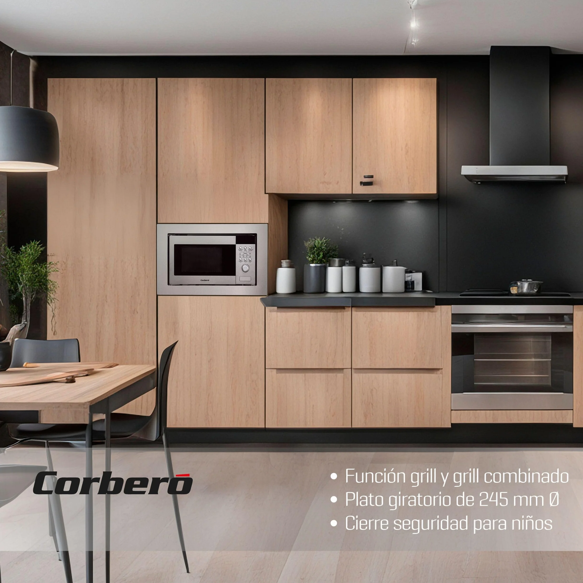 Corberó - Microondas Integrable | CMICIM122 | 20L | 800W | Easy-Tronic | Auto Menú | Descongelar | Grill | Cocina Exprés | 9 Niveles Potencia | Plato Giratorio 245mm | Con Marco | Inox