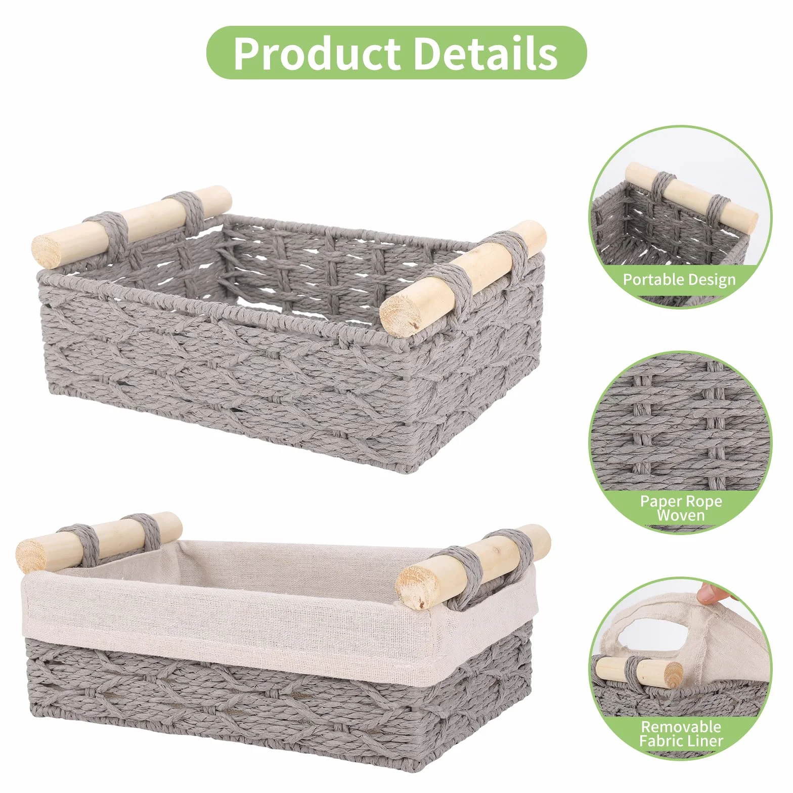 VORHOT 2 Piezas Cestas Almacenaje Tejida Cuerda Papel Boho Decor Cesta Bebe Organizadoras Mango Madera Cajas Decorativas Armarios