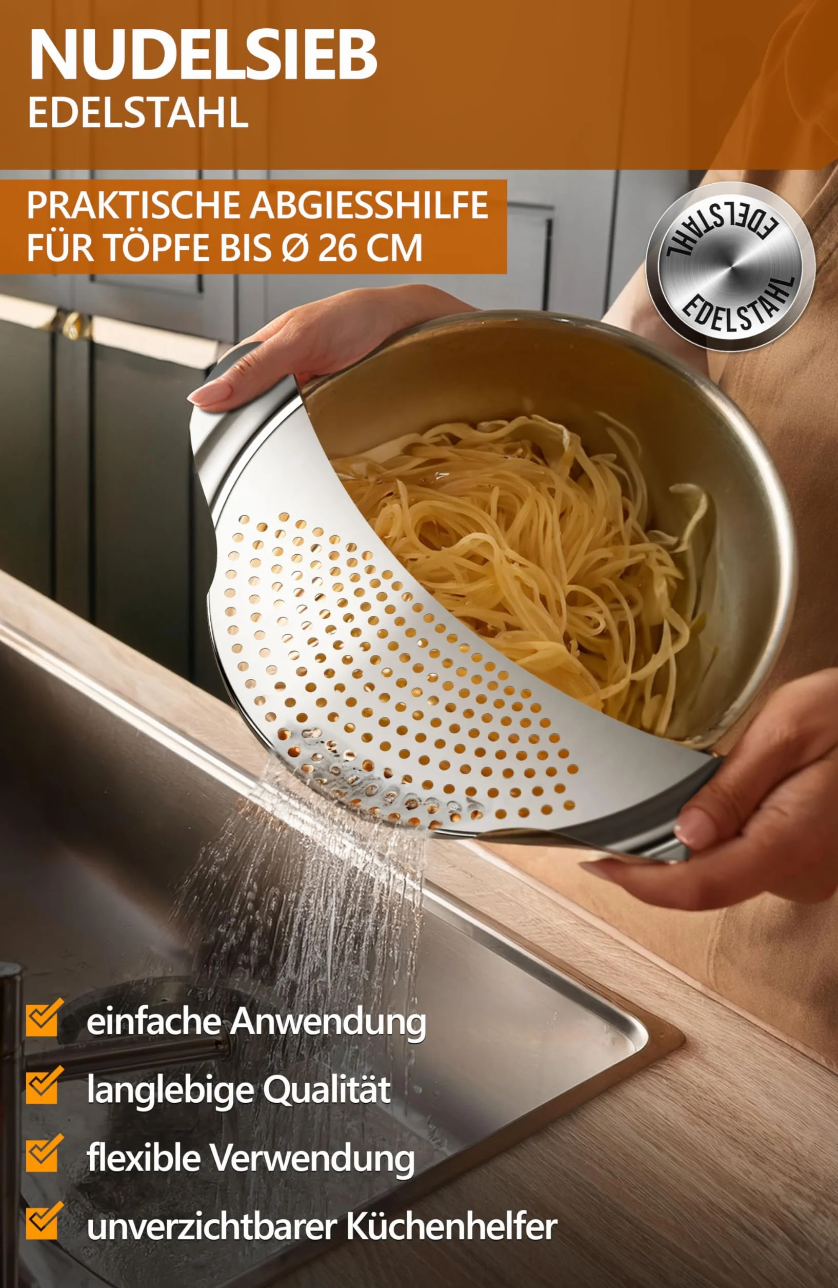 4smile Colador para Cocina – Utensilio de Acero Inoxidable para Verter Ollas de hasta 26 cm de Diámetro – Diseño Plano que Ahorra Espacio, Práctico para Pasta y Patatas