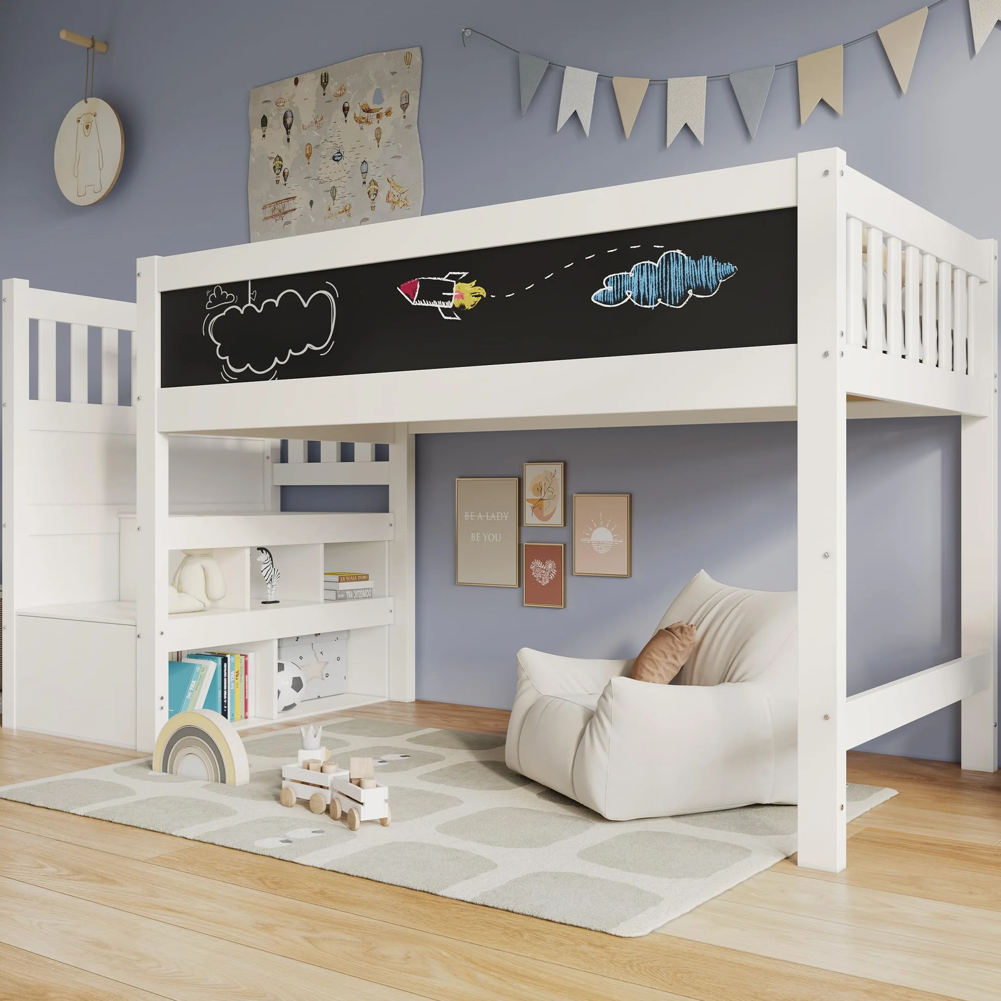 LAKFEW Cama Infantil Cama Alta 90x200 cm con Escalera de Almacenamiento y Pizarra, Camas Infantiles con Protección Anticaída, Cama para Niños, Camas Altas de Madera, Blanco, Sin Colchon