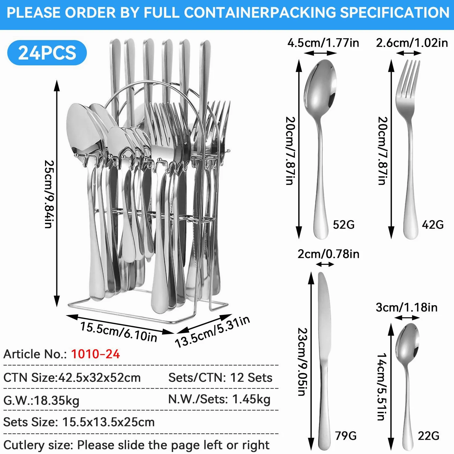 Juego de Cubiertos Colgantes de 24 Piezas, Acero Inoxidable con Soporte y Caja de Regalo, Para Hogar y Restaurantes