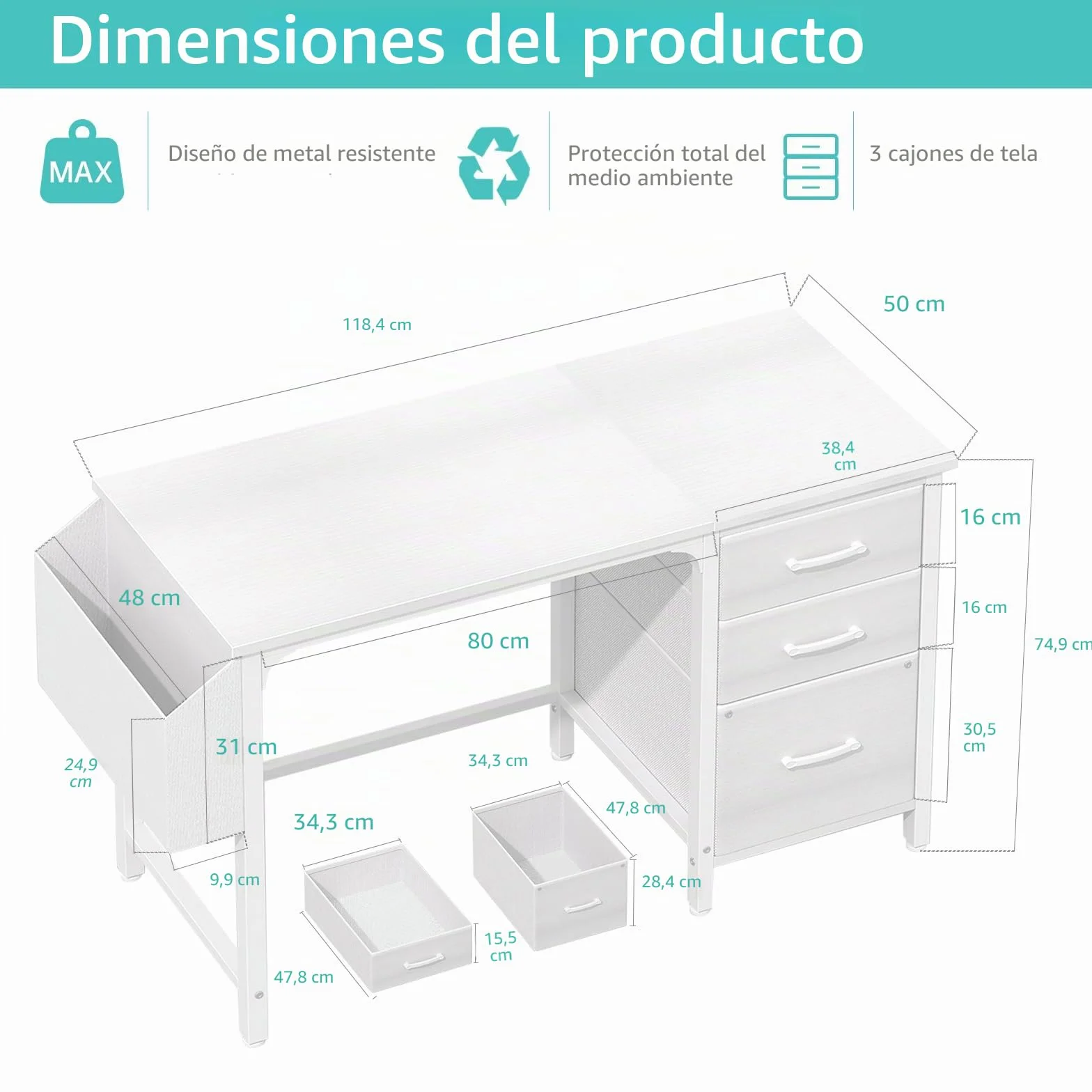 Lufeiya Mesa Escritorio Blanco con 3 Cajones Mesa Escritorio Ordenador Pequeña 120CM para Oficinas Gaming Nña Juveniles