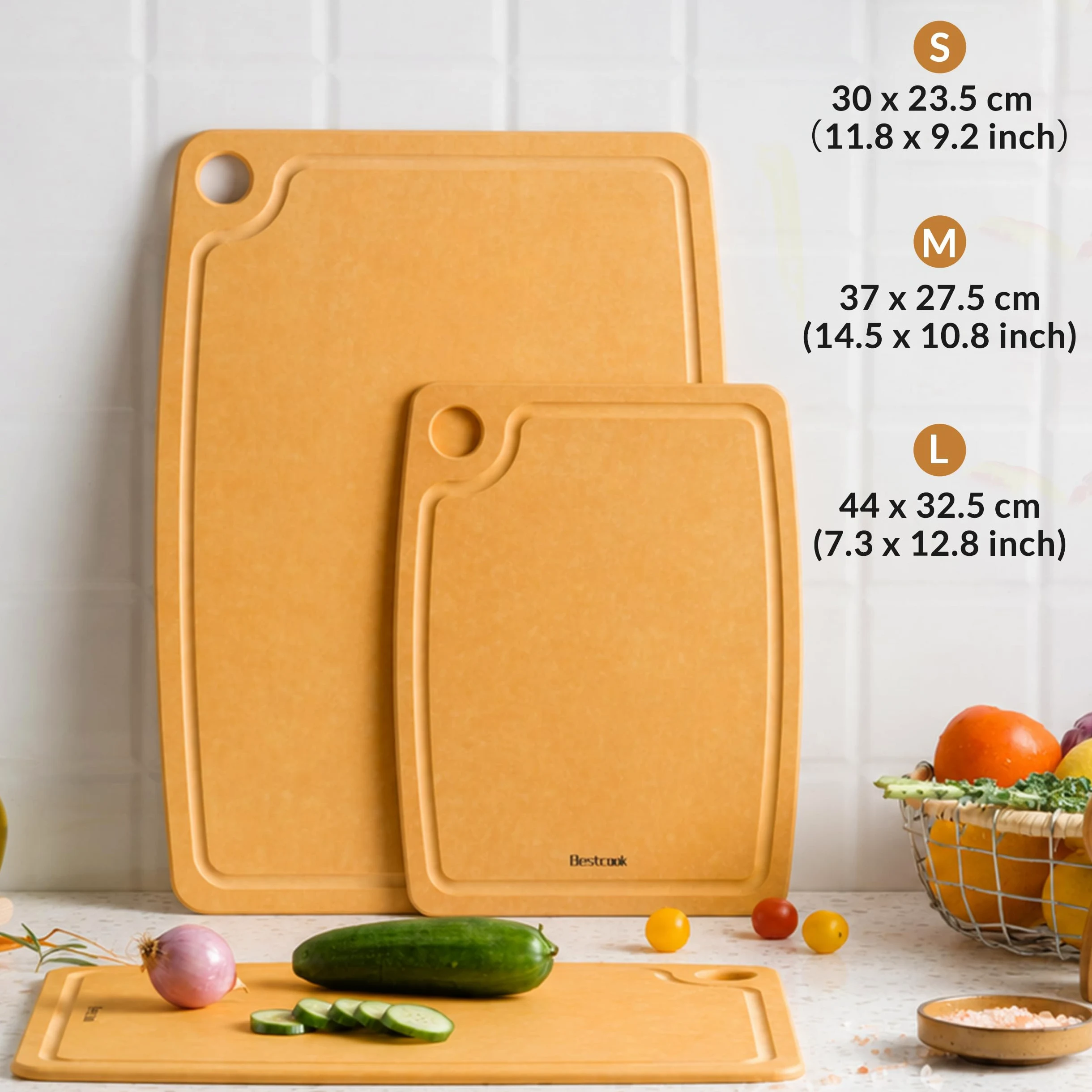 BESTCOOK Tabla de Cortar de Fibra de Madera con Ranura para Jugos, Apta Para Lavavajillas, Patas Antideslizantes, sin BPA, no Porosa, Reversible, Duradera para la Cocina, Carne, Pan y Fruta