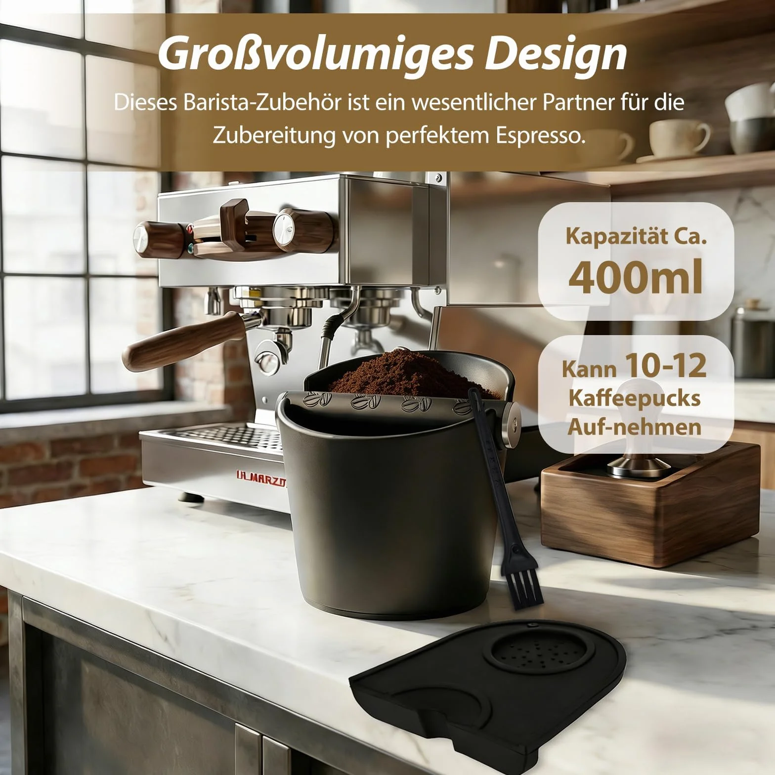 Coffee Knock Box, 12 x 12cm Cajon Posos Cafe, Caja para Posos de Café, Tapete de Prensado Antideslizante con Cepillo, Accesorio para Cocina y Cafetería, Negro