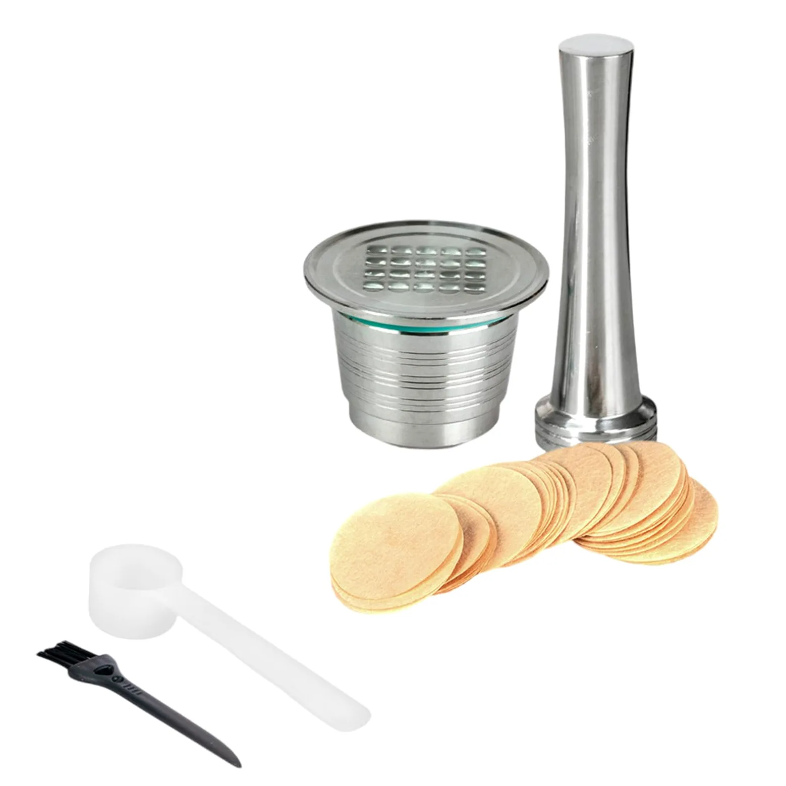 Greabuy Cápsulas de café de acero inoxidable con cuchara, papel de filtro y cepillo para mantenimiento de máquinas, juego de accesorios de café