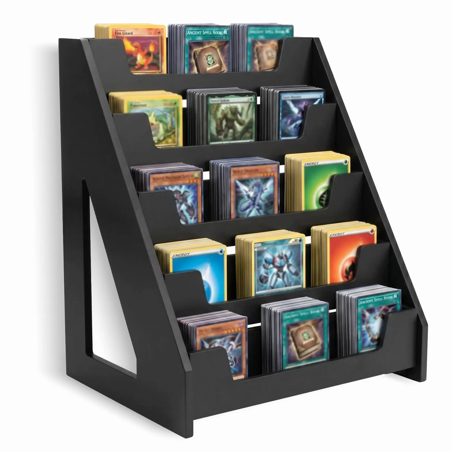 Acidea Soporte de exhibición de tarjetas de 5 niveles, exhibición de tarjetas coleccionables de madera, soporte vertical para colección y exhibición de tarjetas graduadas, soporte de exhibición para