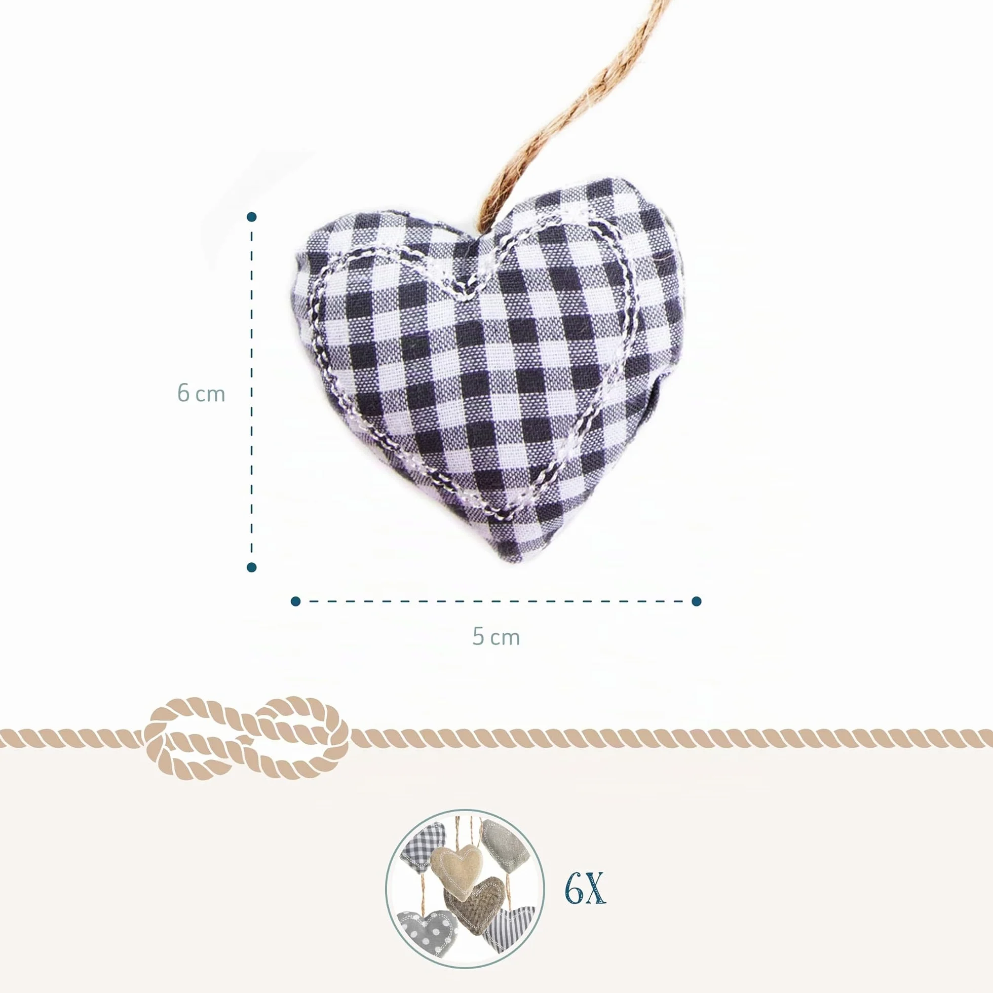 Colgantes Corazones Tela, 6 Piezas: Adornos navideños de Madera y Tela, Colgante Navidad Beige y Gris, decoración hogar Invierno, para árbol y Regalos, 5 x 6 cm