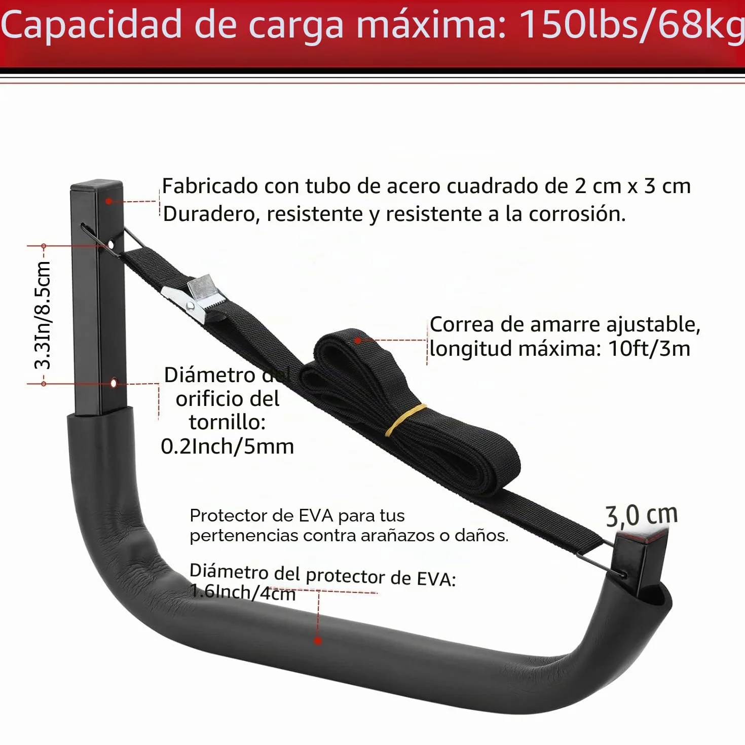 Ganchos de almacenamiento para kayak 38 cm estante de pared colgador de tabla de surf resistente carga máxima 68 kg