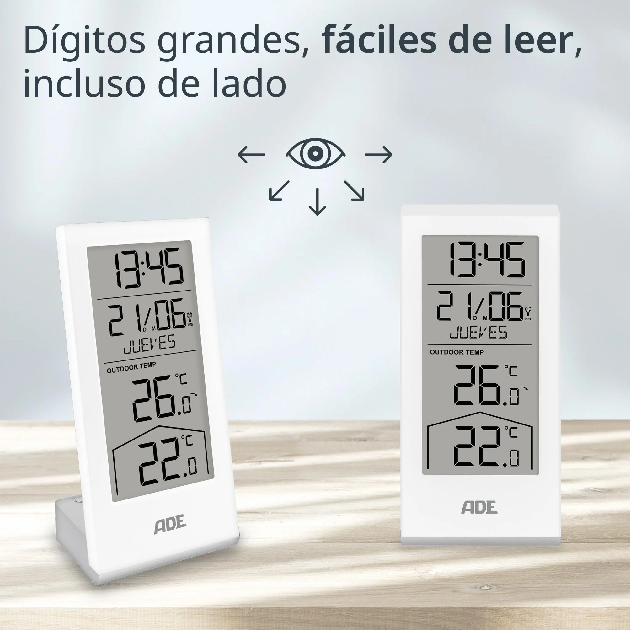 ADE Estación meteorológica digital inalámbrica con sensor exterior | termómetro para temperatura interior y exterior | reloj y calendario radiocontrolados con día de la semana | incl. pilas | blanco