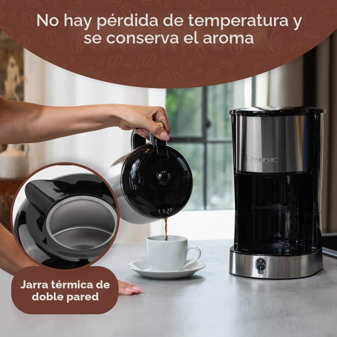 Clatronic, cafetera acero inoxidable, protección antigoteo, portafiltro, jarra termo 1,2L, KA3805, acero inoxidable/negro