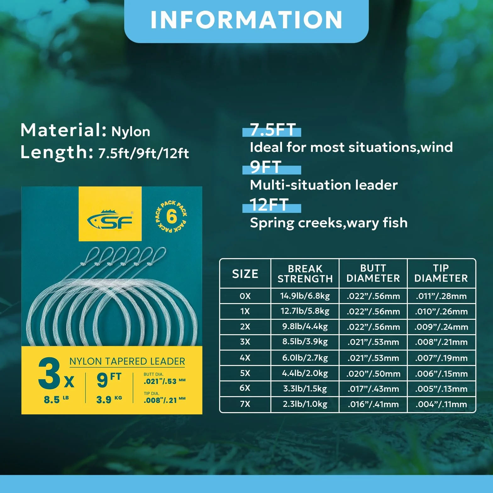 SF 6 sedales de Pesca con Mosca de Nailon preanudado 2,3 m 2,7 m 3,6 m