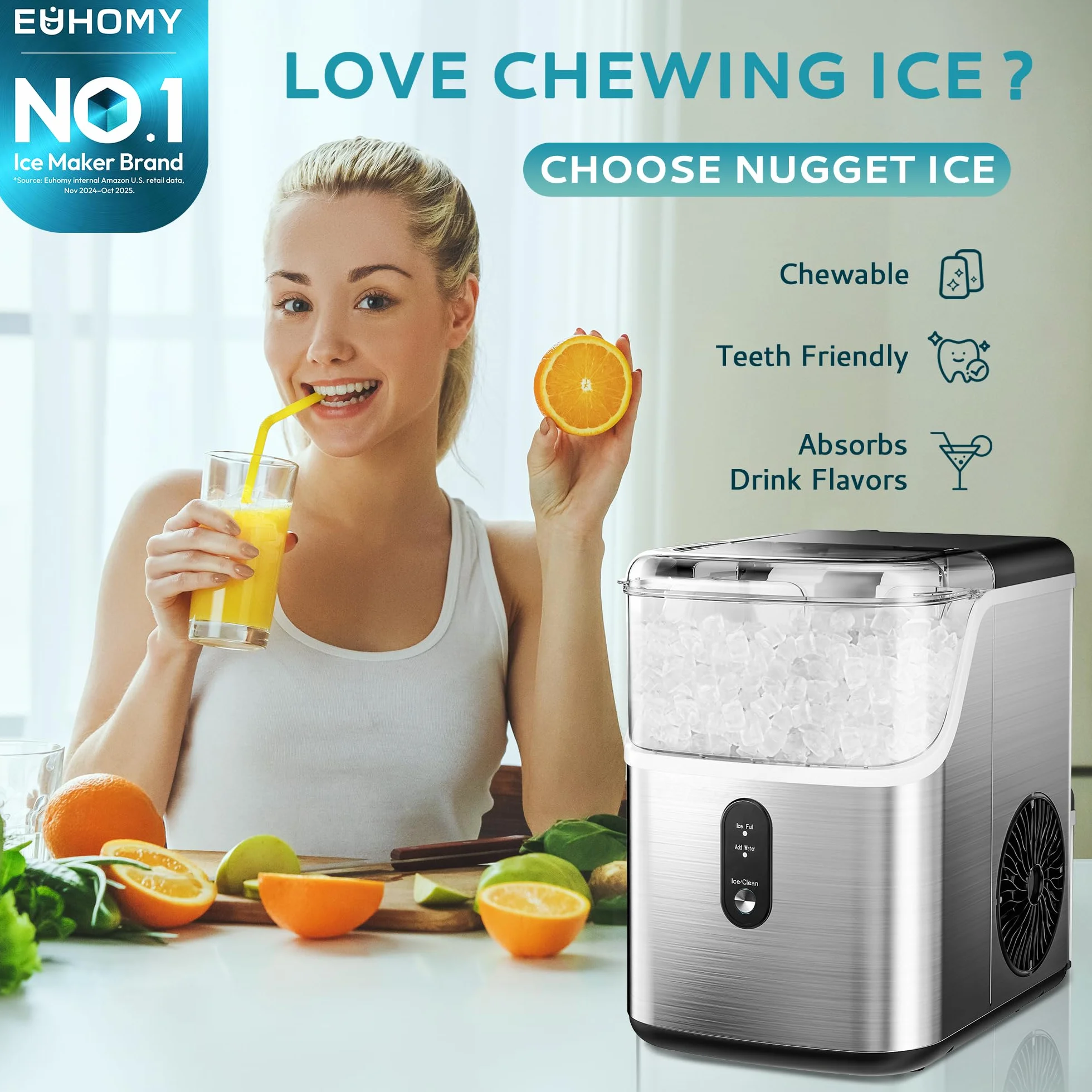 EUHOMY Nugget - Encimera para hacer hielo, máquina para hacer hielo de guijarros con hielo suave de 35 libras/24 horas, máquina de hielo sónico autolimpiable con cuchara de hielo y cesta, máquina de