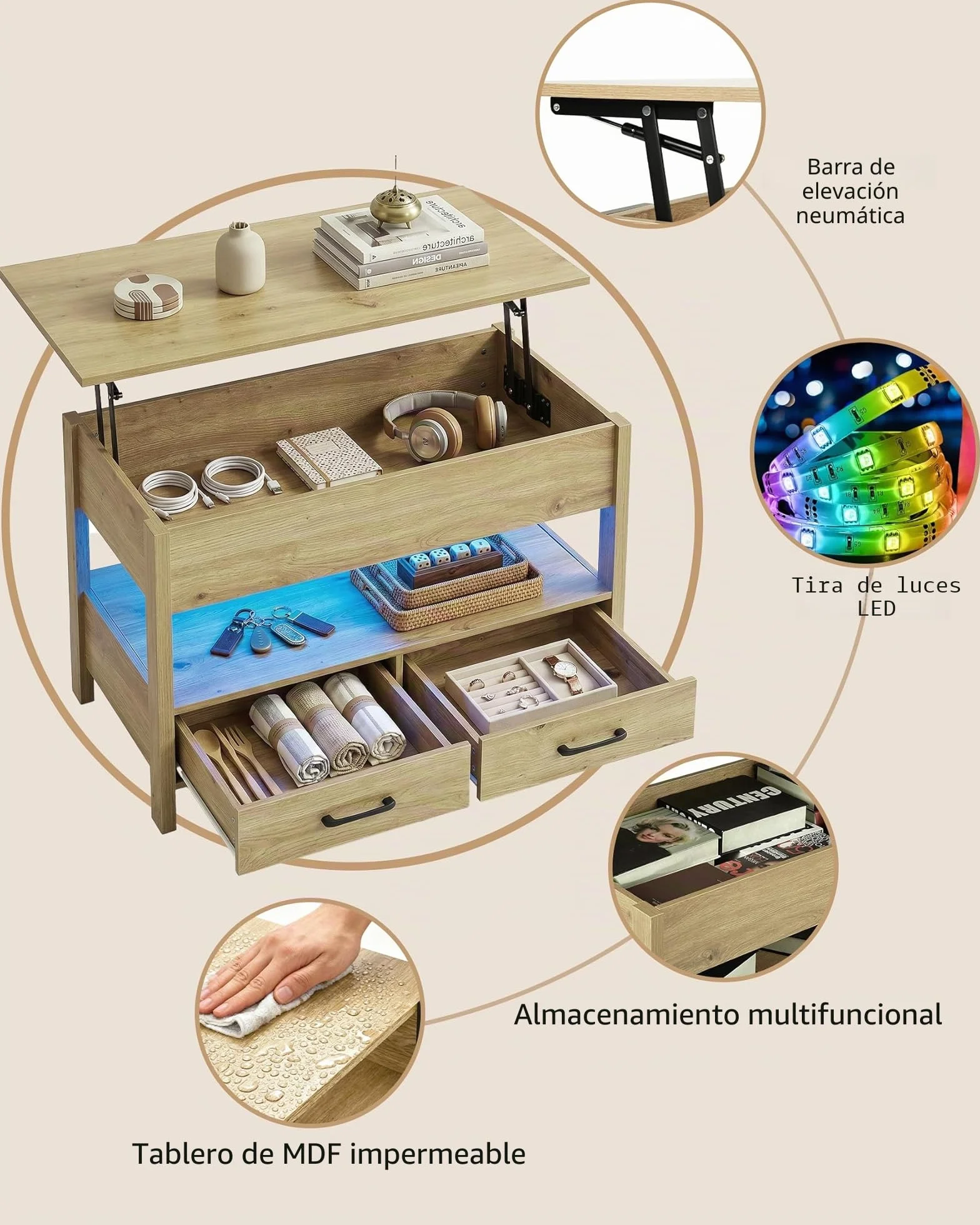 Mesa de Centro Elevable con LED RGB, Mesa Elevable y Extensible para Salón, Mesa Auxiliar Inteligente con Almacenamiento, Mesa para Sofa con Altura Ajustable