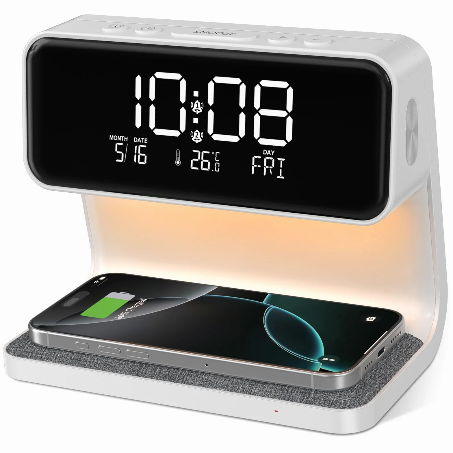 Despertador Digital, Reloj Despertador con Cargador Inalámbrico 15W, LED Pantalla Temperatura/Fecha/2 Alarmas/Snooze Ajustable/12/24H, Despertador Luz con Control Táctil para Infantil Adultos