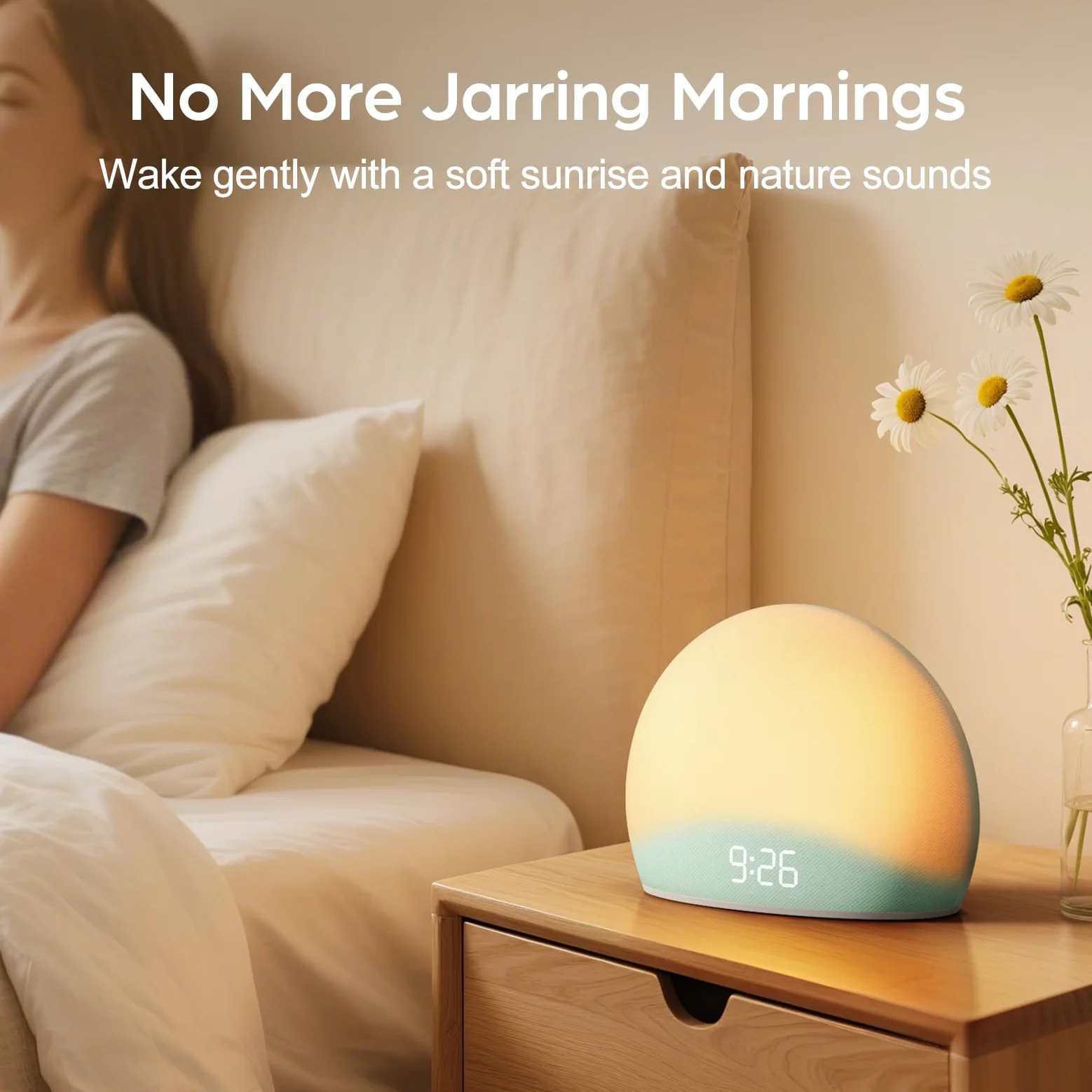 Housbay Reloj despertador de amanecer, máquina de sonido de ruido blanco, luz acogedora, sonidos de la naturaleza, reloj regulable, despertador suave, rutina regular de sueño-despertador, dormitorio