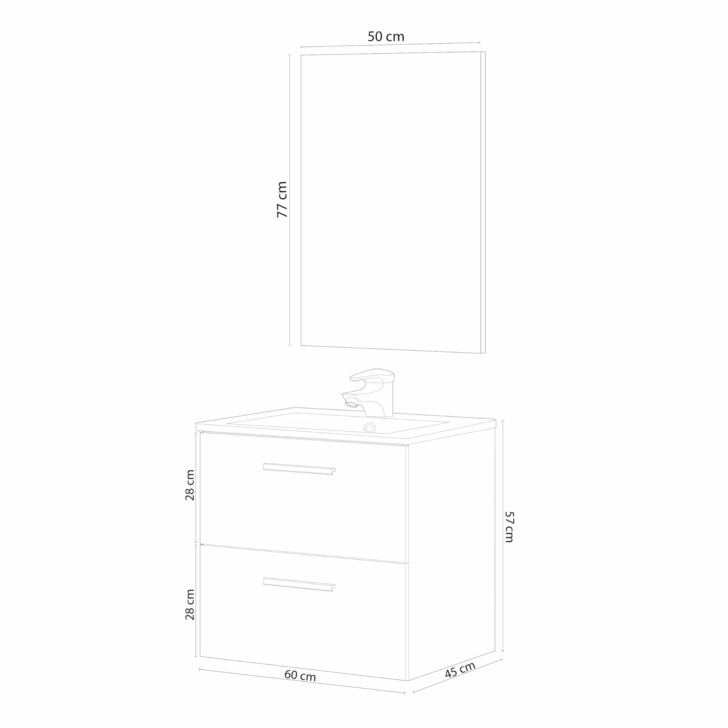 ARKITMOBEL - Mueble de Baño Suspendido 2 Cajones y Espejo, Módulo Lavabo, Color Roble Alaska, 60x57x45 cm - Modelo Aruba. (Lavabo no Incluido)