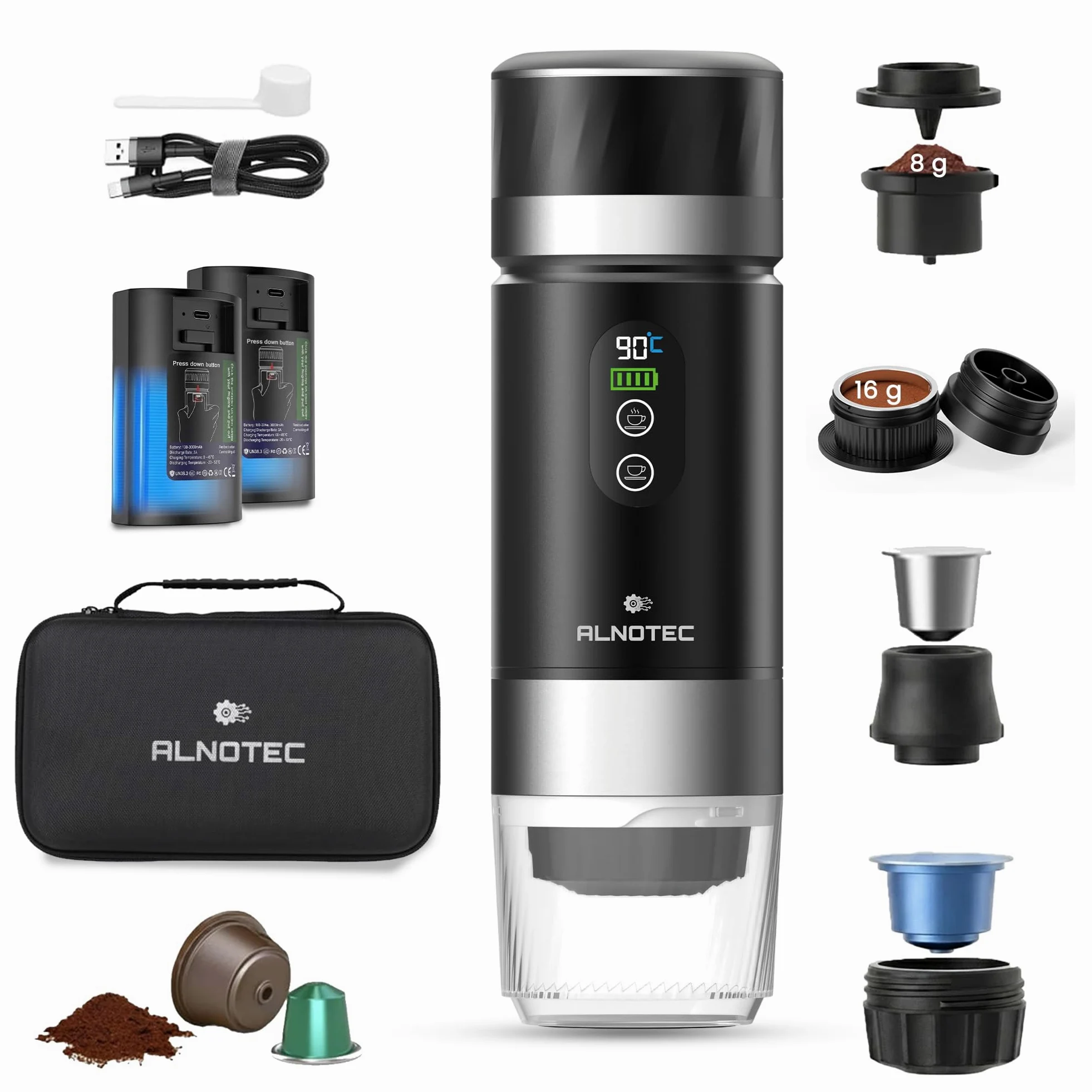 Cafetera portátil (20 barras, recargable), 2 baterías extraíbles incluidas, cafetera portátil, autoclave, compatible con cápsulas NES, DG y café molido, incluye funda de transporte.