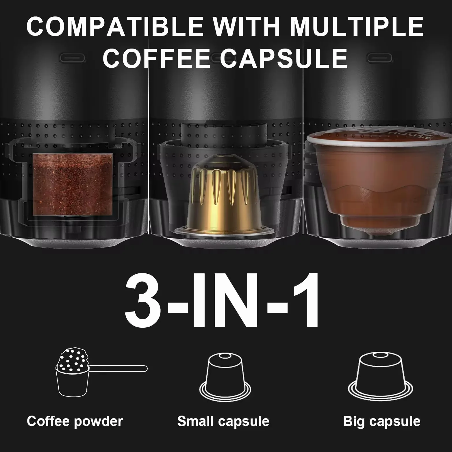 Genérico Cafetera Portátil Automática, Compacta para Viaje, Oficina y Camping, Compatible con Cápsulas y Café Molido, con Filtro Reutilizable