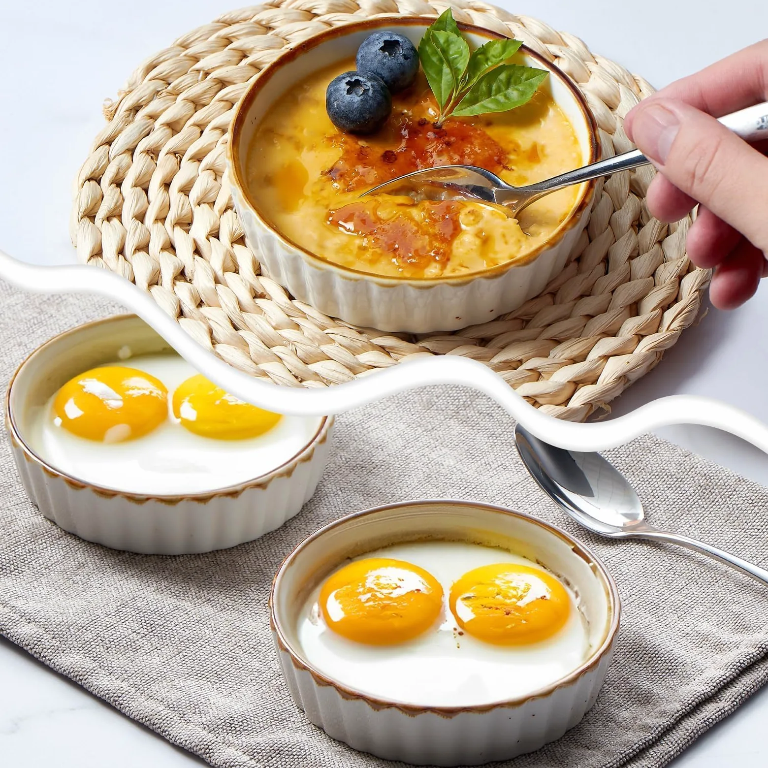 ONEMORE Cerámica poco profunda Ramekin Verti Line, color blanco crema juego de 6