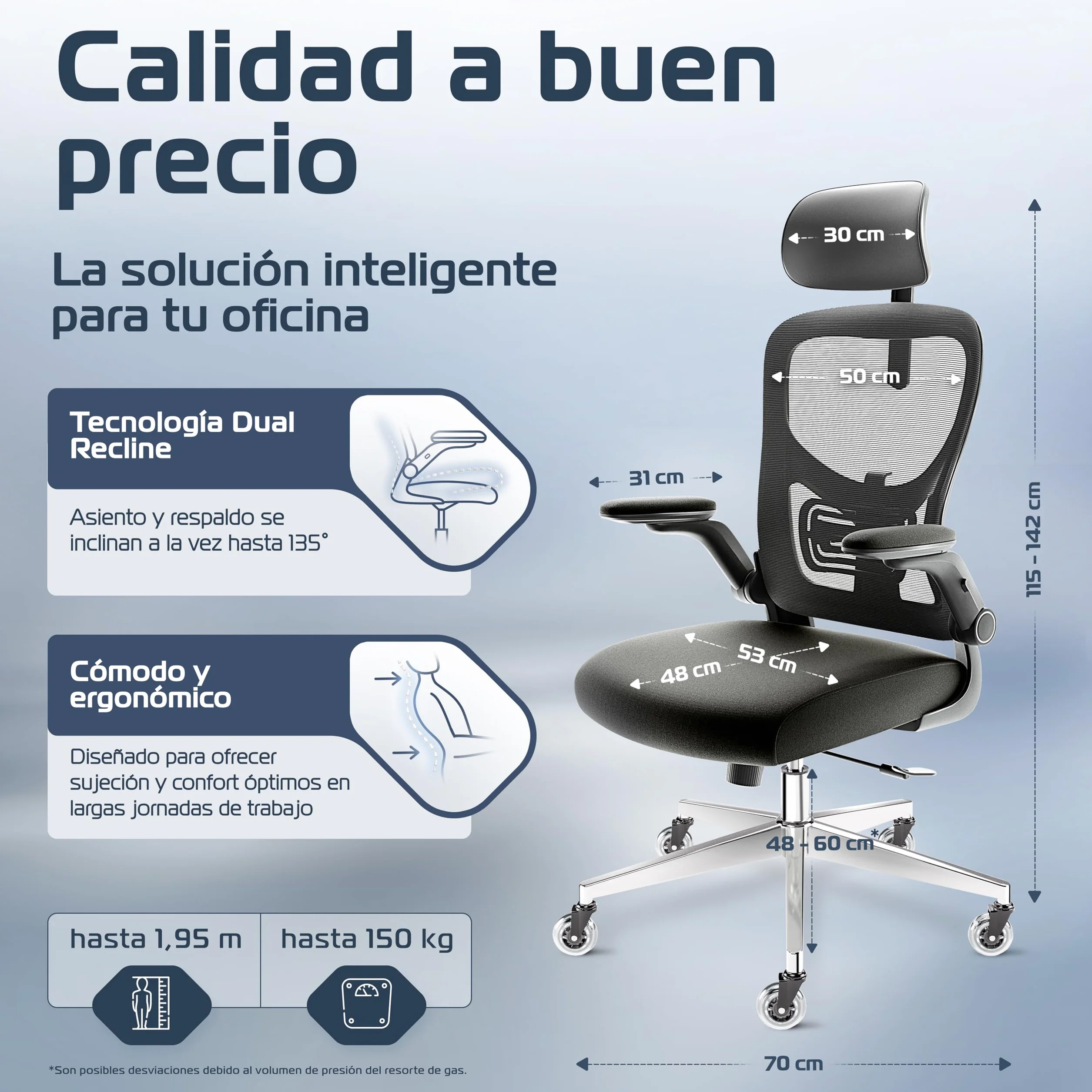 CLOUVOU SmartSeat Silla ergonómica de escitório [GANADORA DE PUREBAS] Silla de Oficina para Gamers Ajustable al 100%, giratoria, cómoda y Resistente hasta 150 kg | Ideal para Trabajo y Estudio