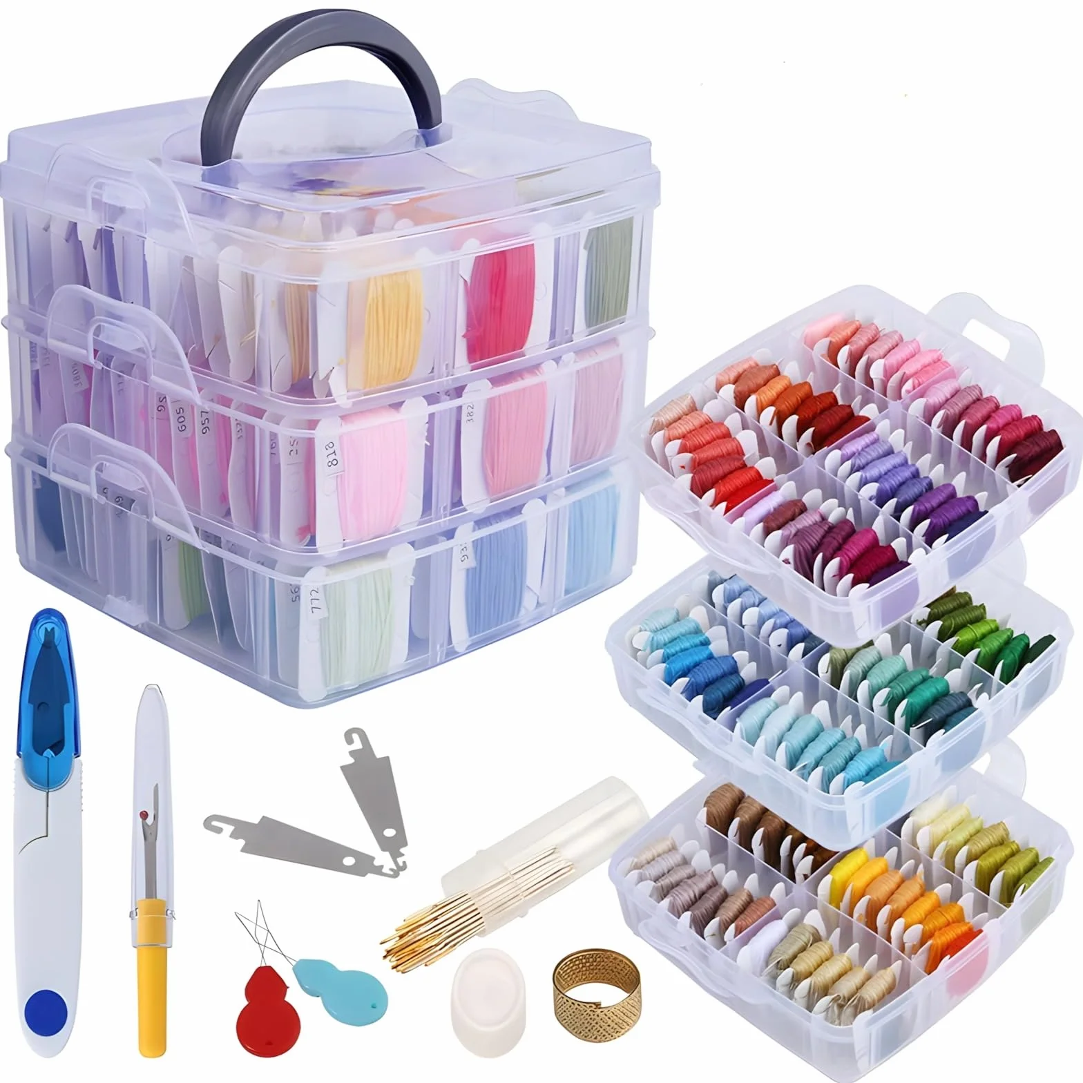 Kit de bordado con 150 hilos de colores, juego de herramientas de aguja de hilo de bordado con caja de almacenamiento de plástico, incluye enhebradores, hojas de aguja, dedal, tijeras, removedor de