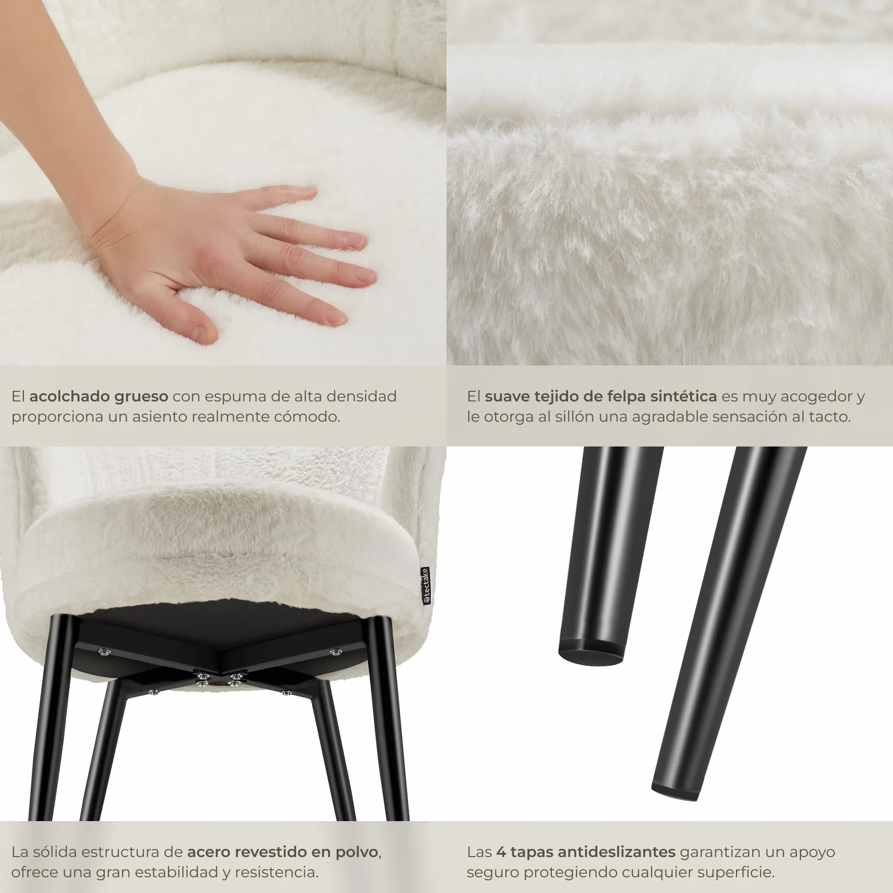 tectake® Sillón Tapizado con Acolchado Grueso, Butaca Salón con Respaldo Curvado en Forma de Flor, Sillón de Lectura con Patas de Acero, Tapas Antideslizantes, Silla Oficina - Terciopelo, Crema/Negro