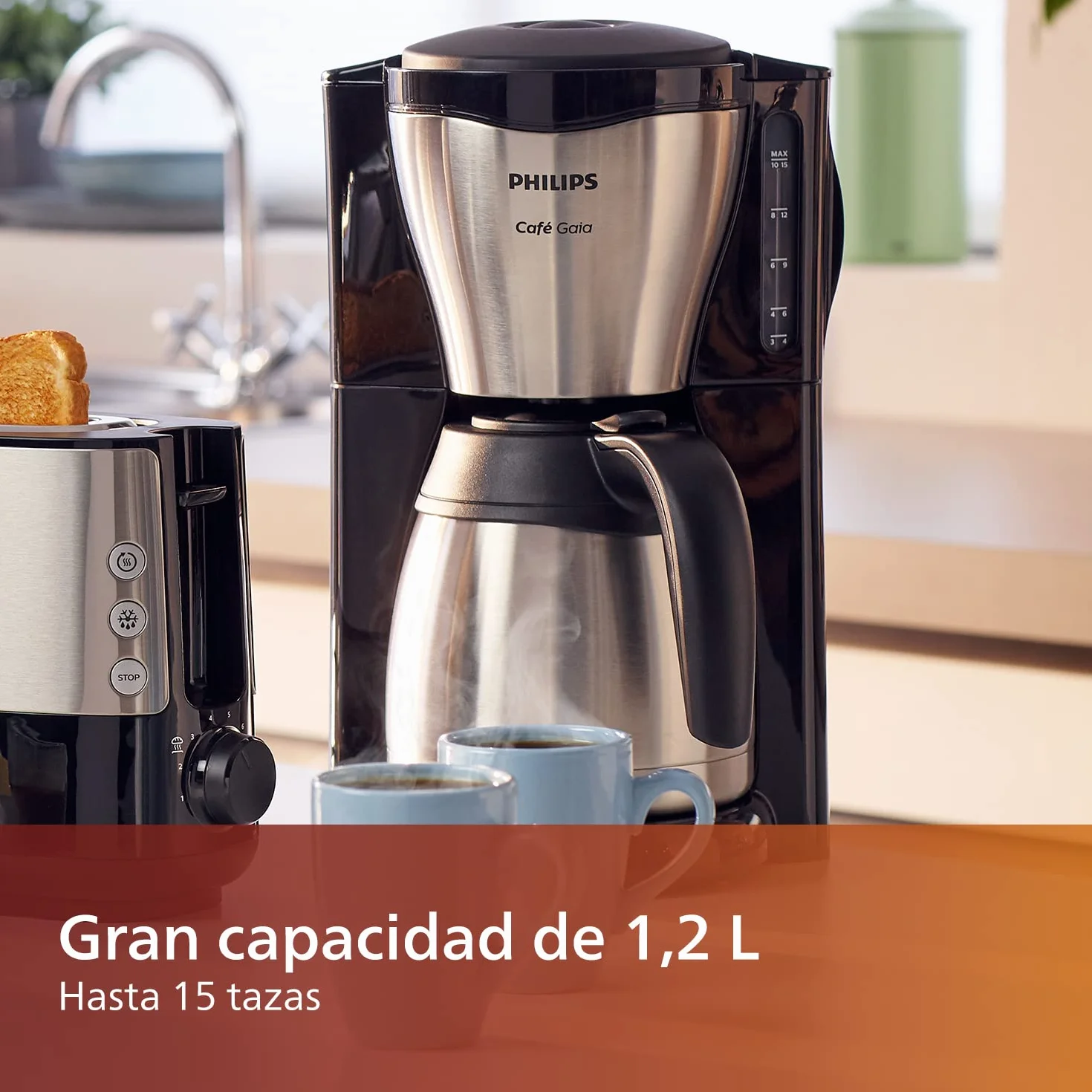 Philips Cafetera - Jarra Térmica 1.2L, hasta 15 Tazas, Acero Inox, Plateado/Negro (HD7546/20)