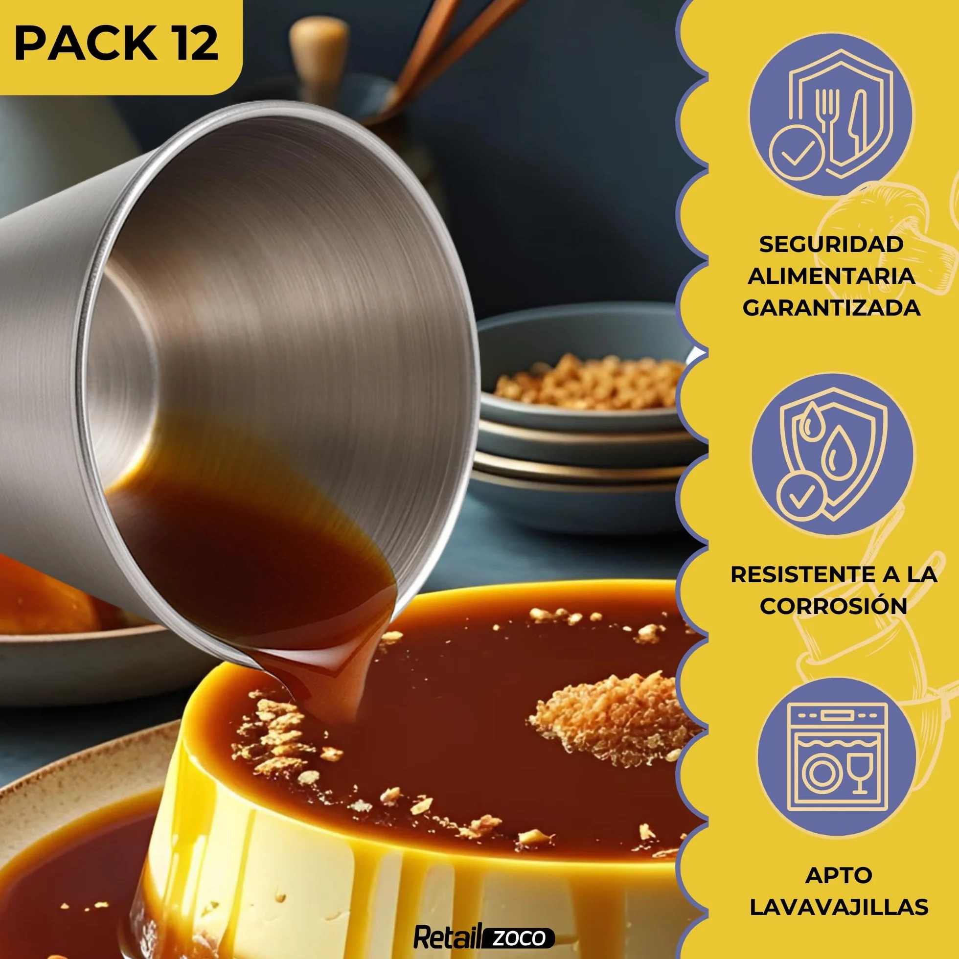 Flaneras Individuales, Molde para flan Molde Repostería, Antiadherente, Acero Inoxidable, Ideal para Flan, Postres, Salsa, Repostería y Cocción al Baño María, 7 cm Diámetro x 4.7 cm alto, 12 unidades