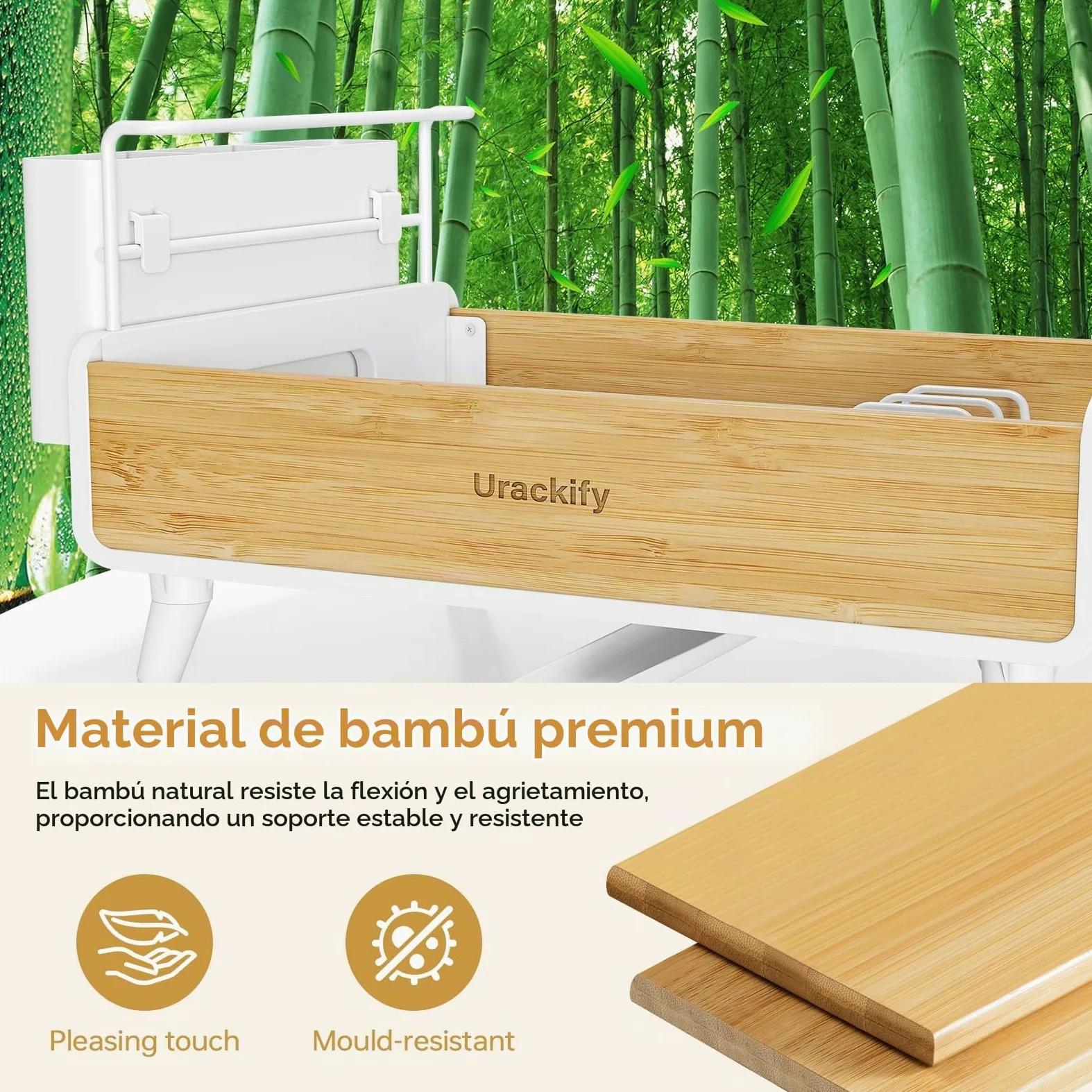Urackify Escurridor de Platos, Bambú | Acero Inoxidable y Bambú, Soporte Utensilios Extraíble, para Encimera de Cocina