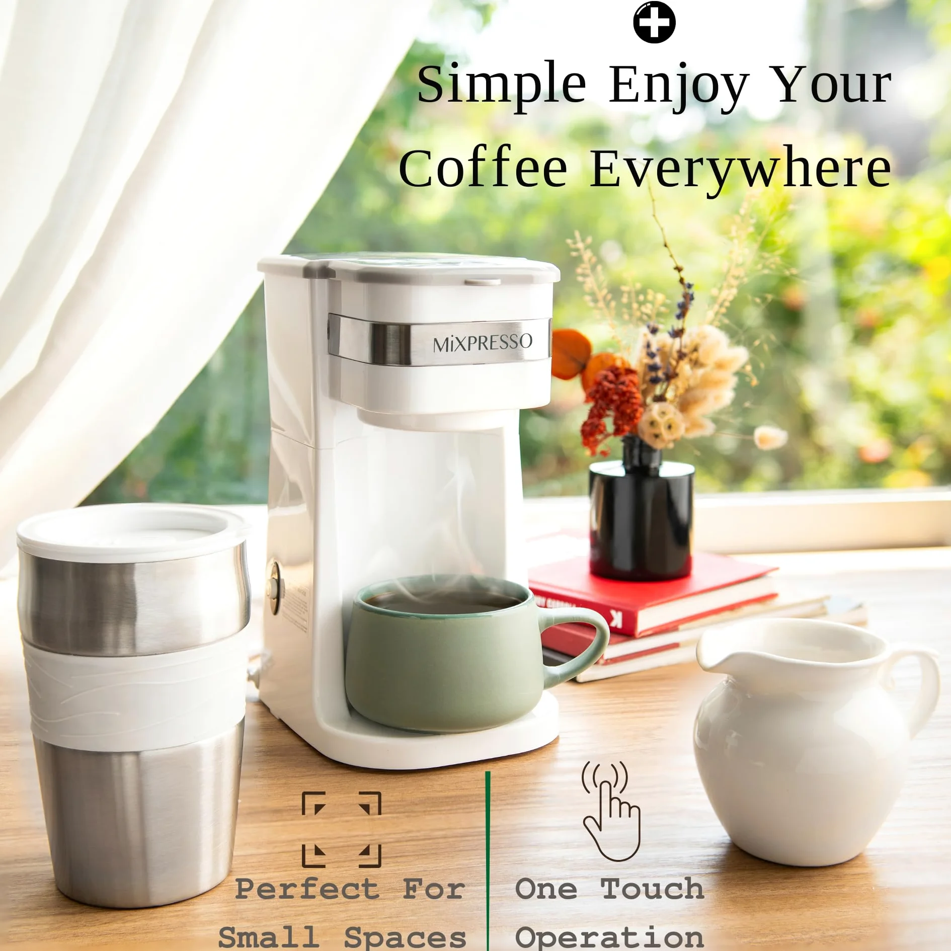 Mixpresso Cafetera personal blanca de una sola porción con taza de viaje de 14 onzas, cafetera pequeña de goteo con apagado automático, filtro reutilizable, funciona solo con café molido, no para