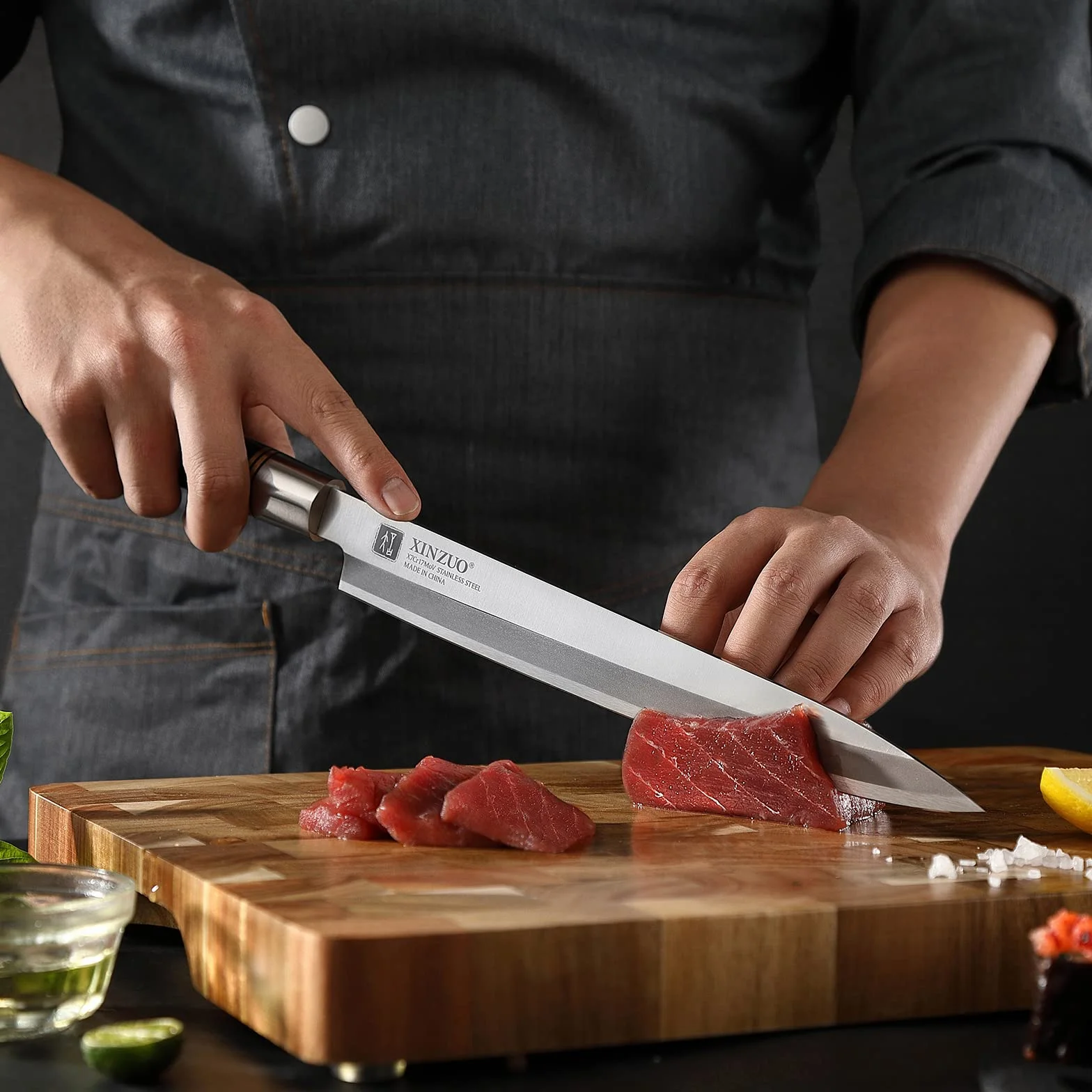 XINZUO 30cm Sashimi Cuchillo de Acero Inoxidable X7Cr17MoV, Yanagiba Tradicional Japonés con Hoja de un Solo Filo para Sushi, Mango de Madera de Ébano con Vaina
