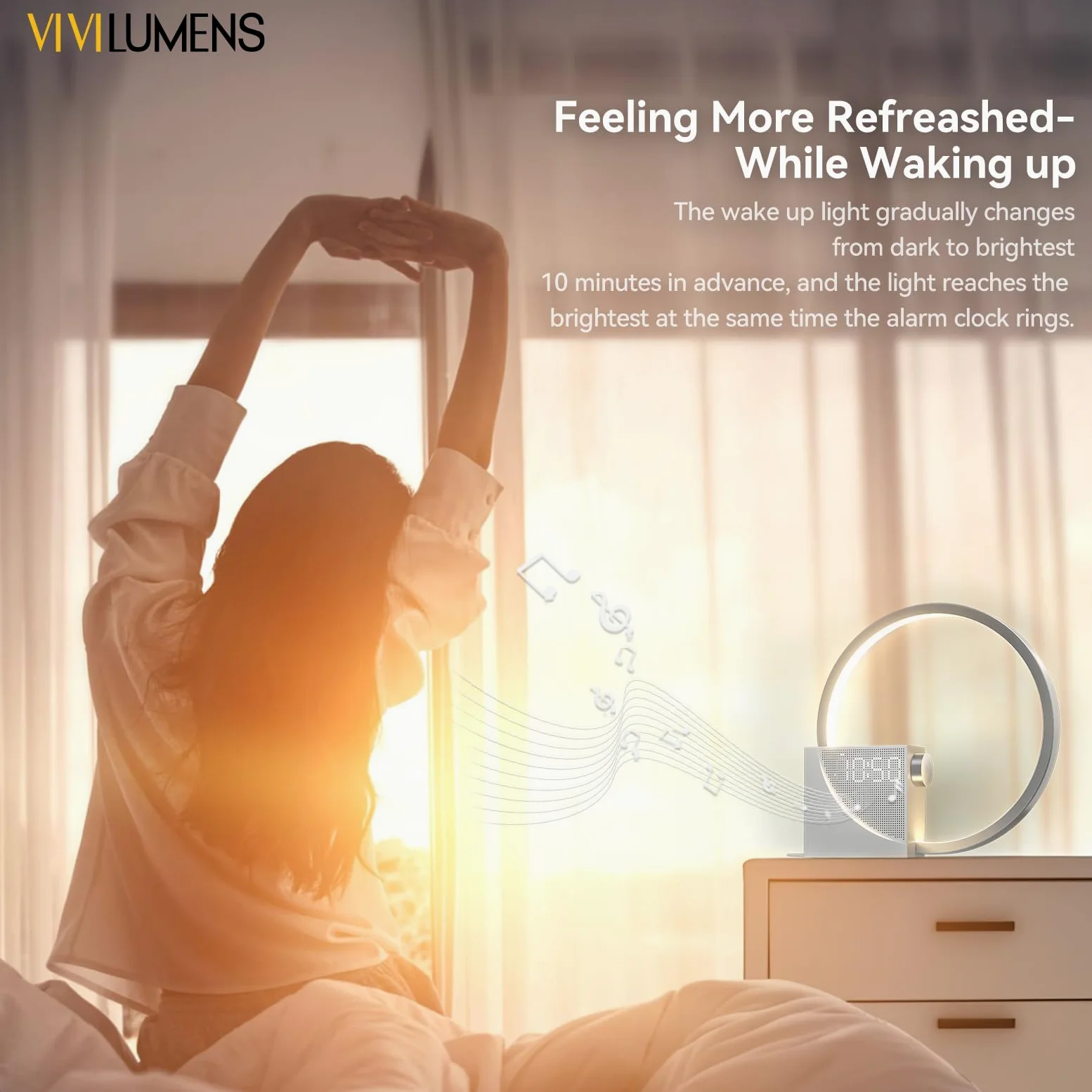 Vivilumens - Reloj despertador digital Sunrise, máquina de sonido de ruido blanco, temporizador de ayuda para dormir con puerto USB, visualización de relojes digitales regulables, repetición, 10 tonos