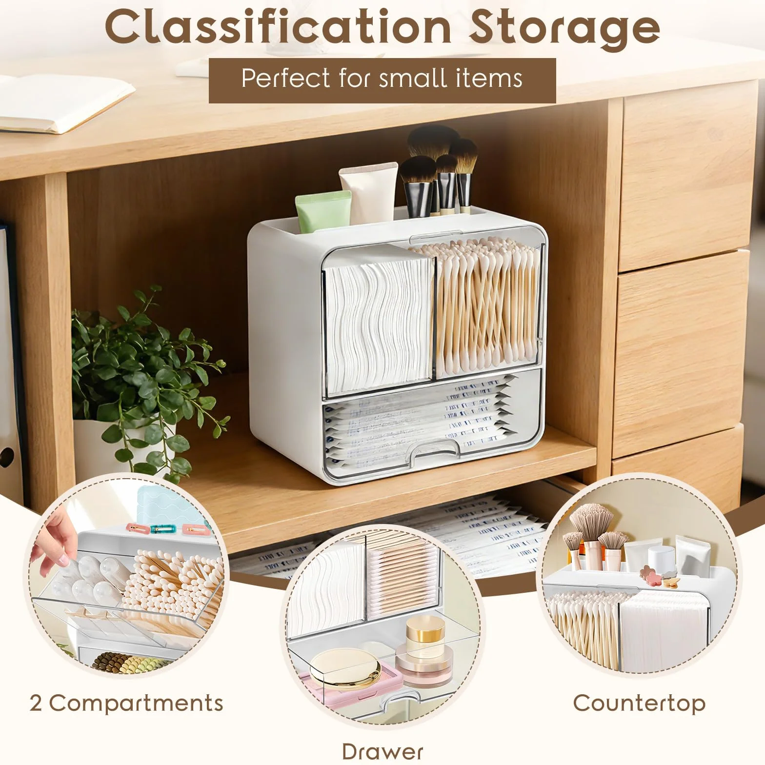 Qivine Organizador de Compresas, Caja para Guardar Tampones y Compresas con 4 Compartimentos, Dispensador de Almohadillas de Algodón con Tapa Transparente , para Baño, Tocador, Salón