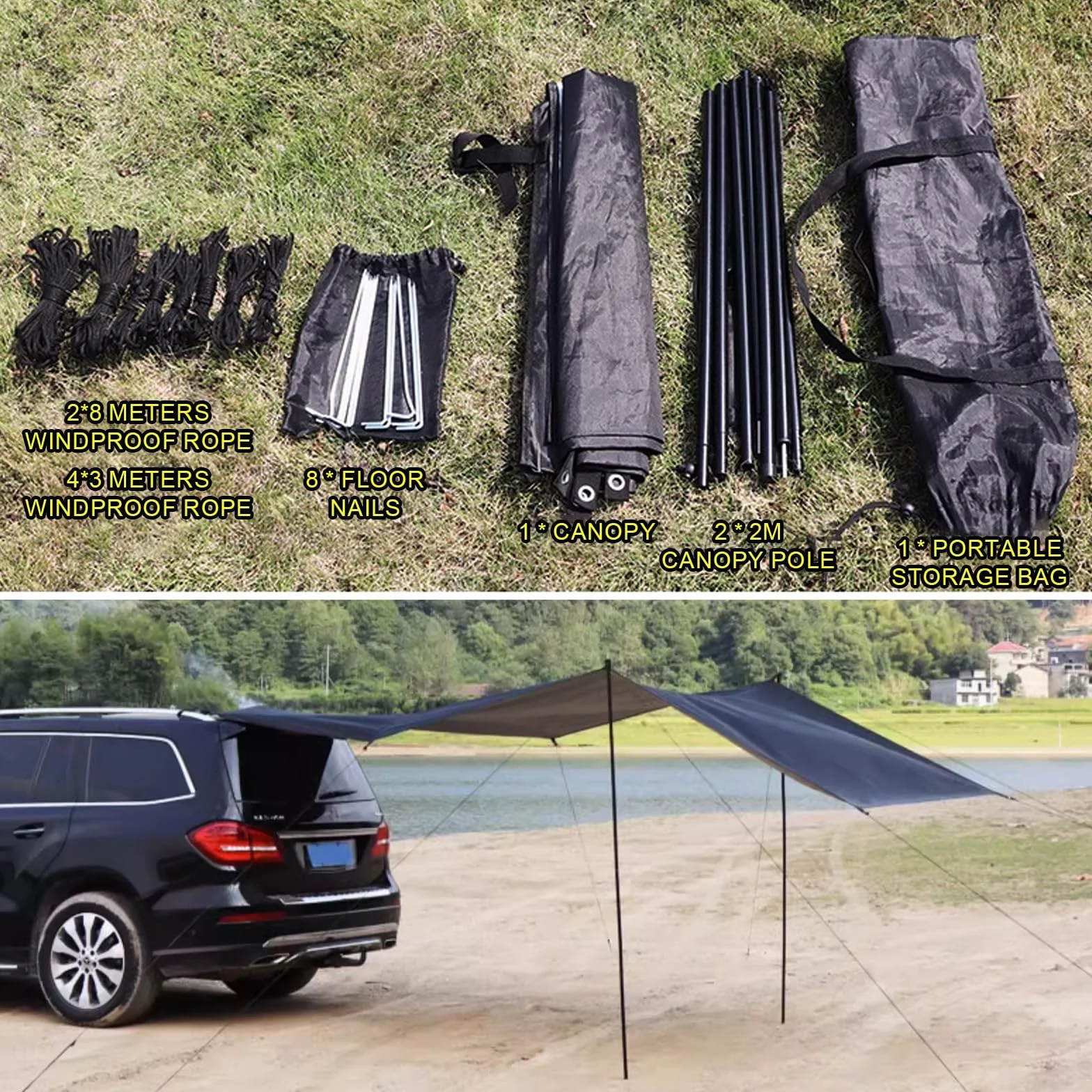Toldo universal impermeable para coche 200-300 cm protección UV+50 con barras y refuerzos