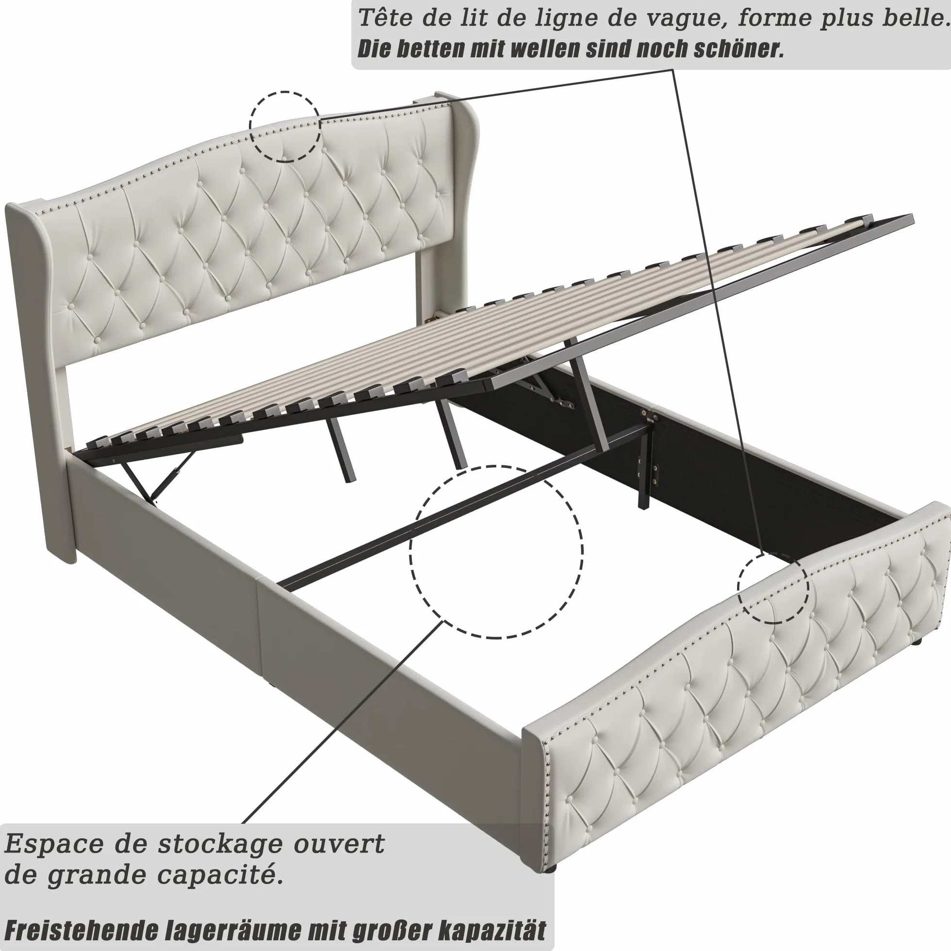 Cama Acolchada de 160 × 200, Cama Doble, Acolchado con Almacenamiento de Cama con somier de tablón, Marco de Cama con Almacenamiento de Maletero (Blanco Roto, Velours-3, 160 × 200