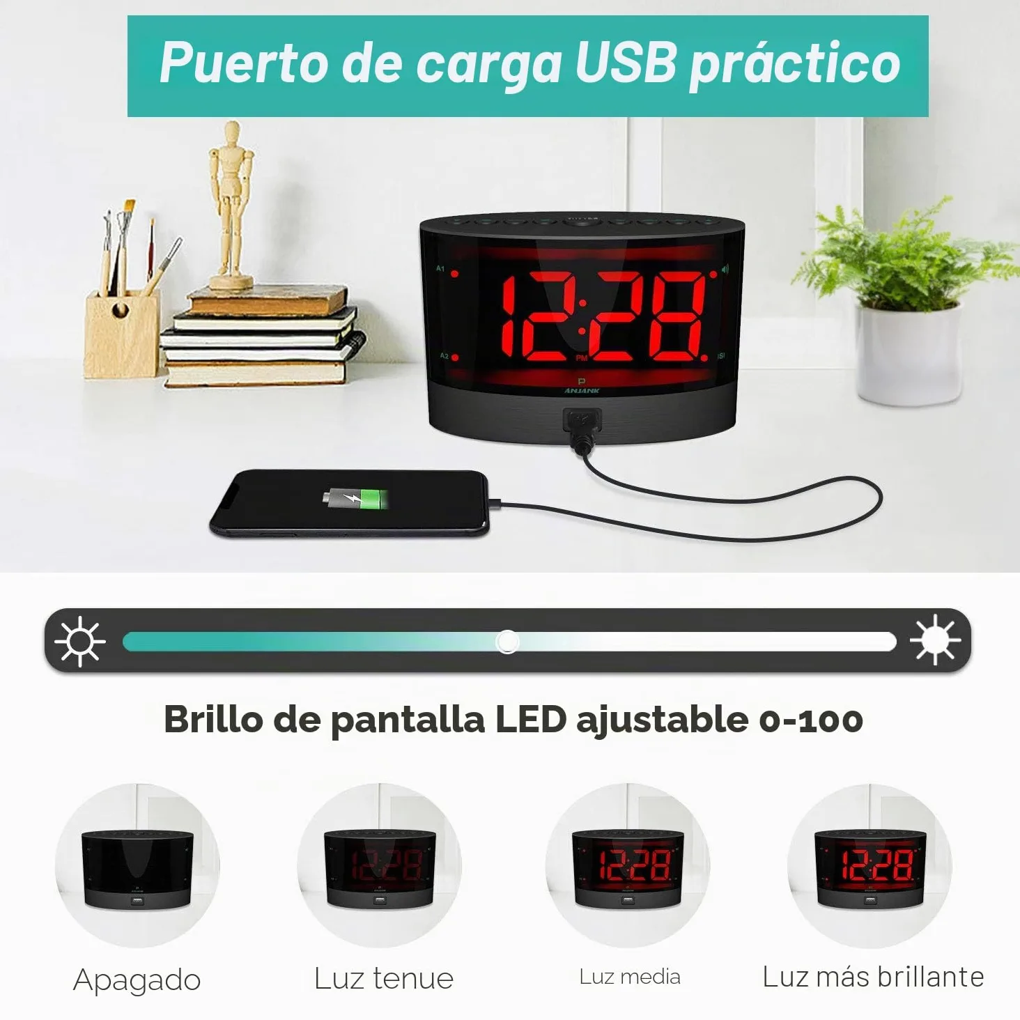 ANJANK Despertador Muy Fuerte con Vibración Inalámbrica, Doble Alarma para Dormilones Pesados, Sordos y con Problemas de Audición, Volumen Ajustable/Dimmer/Despertar Modo, Puerto de Carga USB
