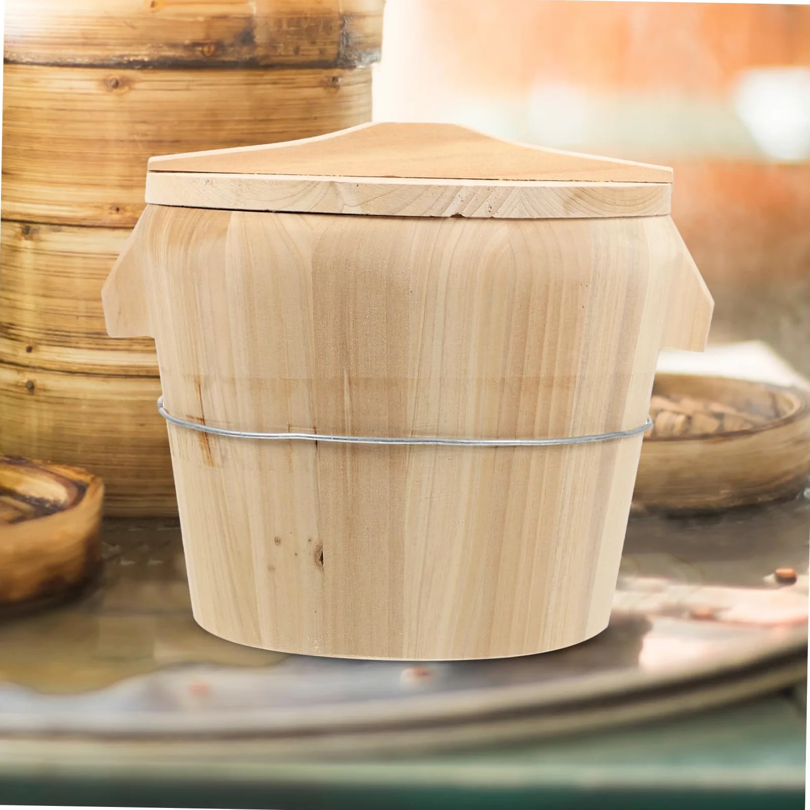 Cubo de Arroz al Vapor de Madera Natural para Restauración y Hogar | Madera Natural, Diseño de Fondo Móvil, Limpieza Sencilla, para Cocina al Vapor, Restauración y Hogar Doméstico