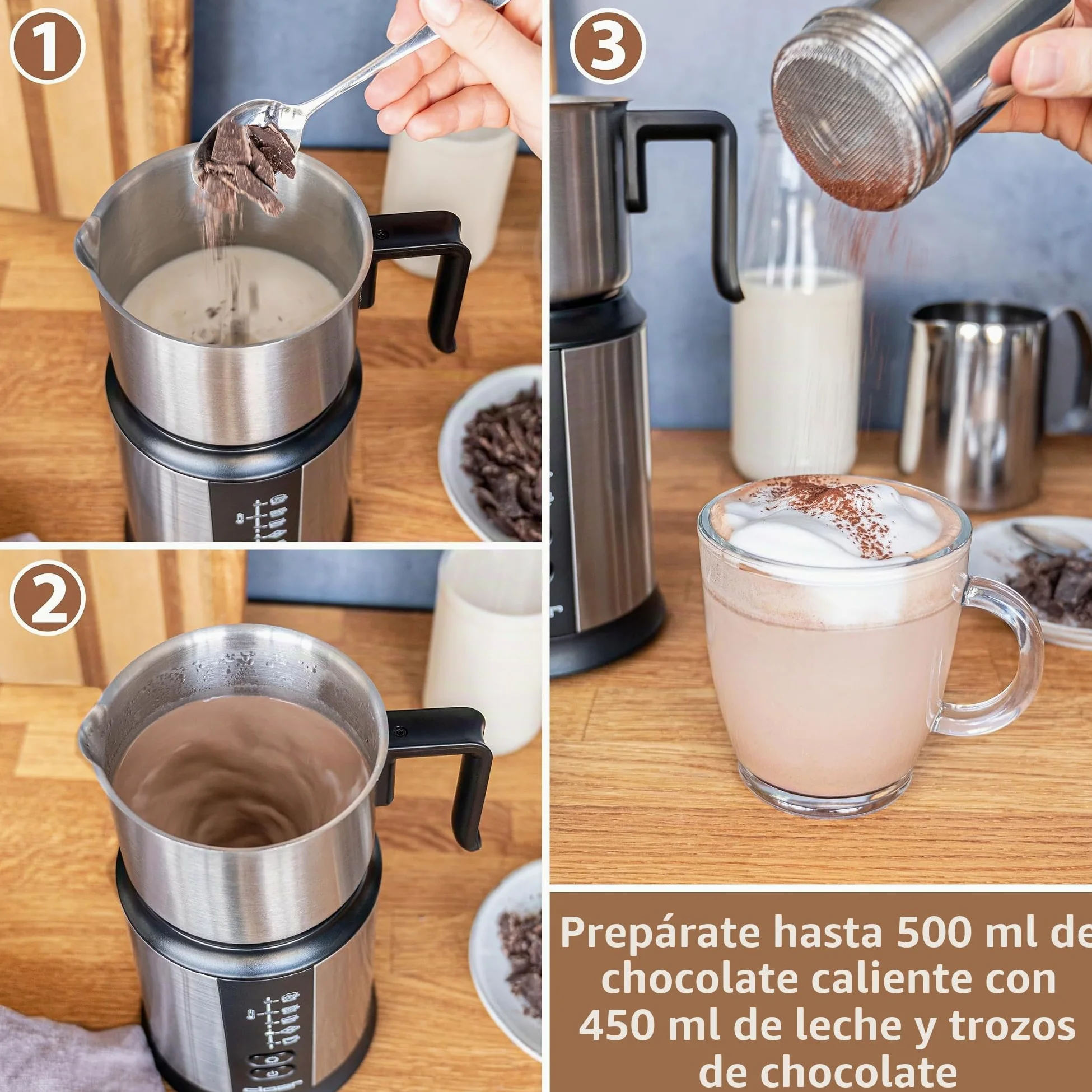 Cloer 7789 Espumador de leche de inducción XL800, espuma de leche 600 ml, chocolate caliente 500 ml, recipiente de 800 ml, control electrónico, 500W, bobina espumante magnetica