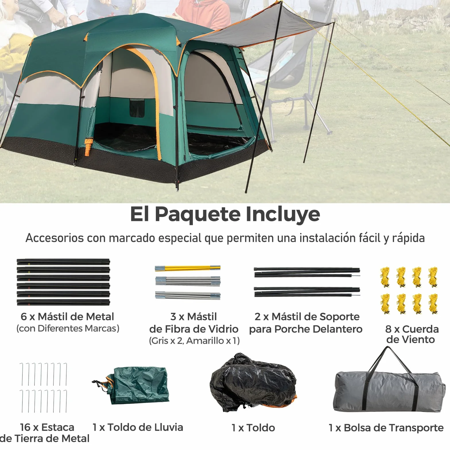 COSTWAY Tienda de Campaña para 6 Personas 2 Habitaciones Impermeable Resistente al Viento Lona PE Ventanas de Malla Bolsa de Transporte